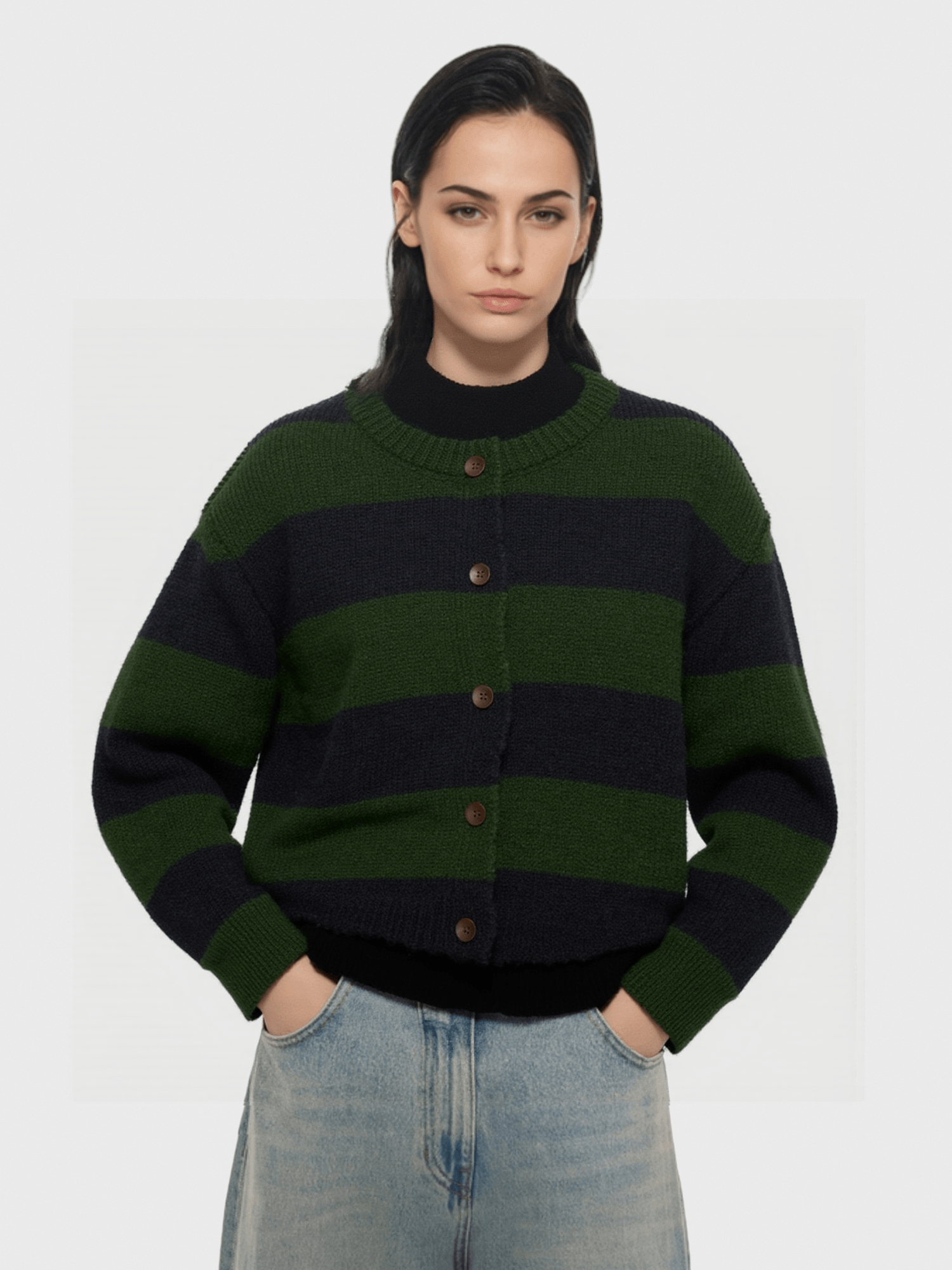 Green and Black Striped Knit Cardigan