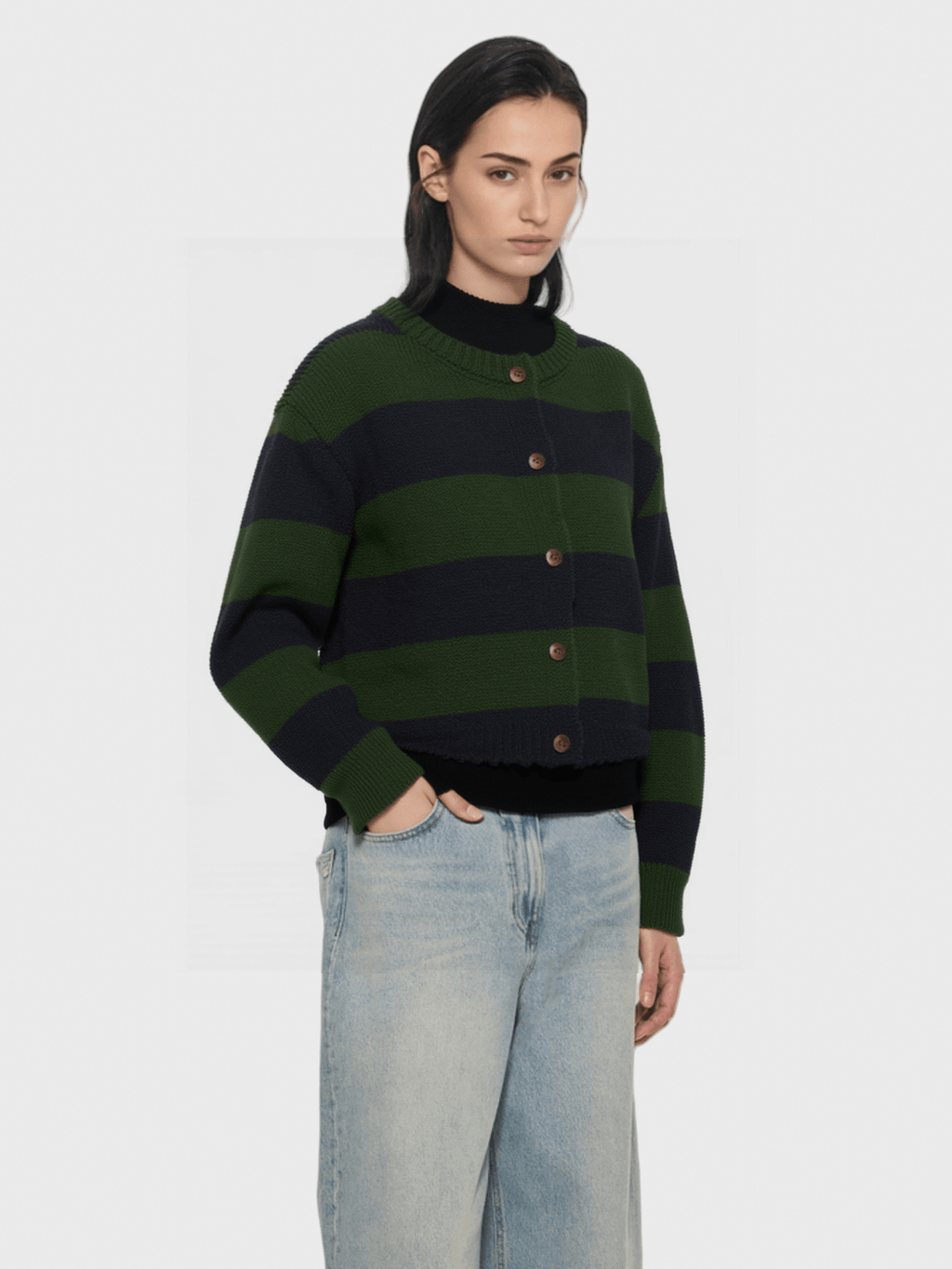 Green and Black Striped Knit Cardigan