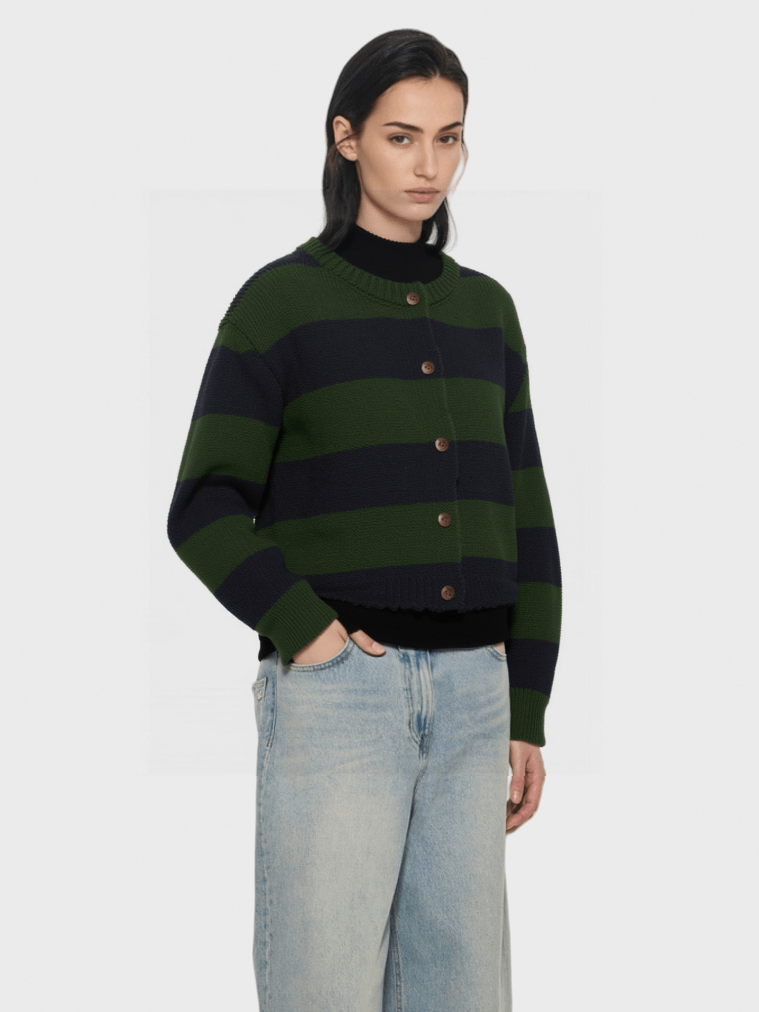 Green and Black Striped Knit Cardigan