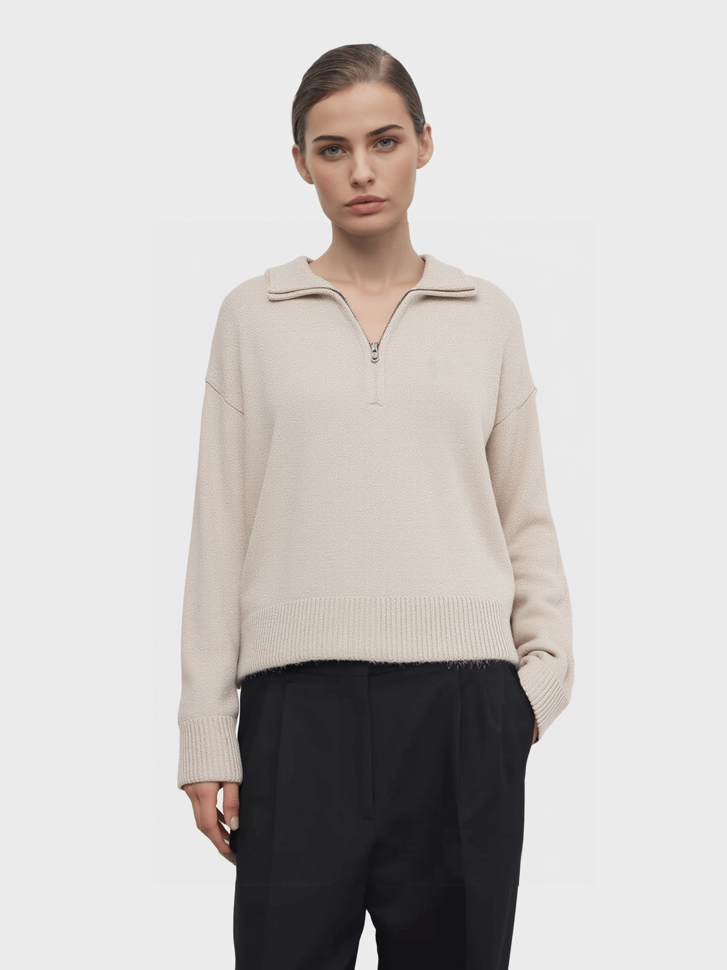 Beige Half-Zip Knit Sweater