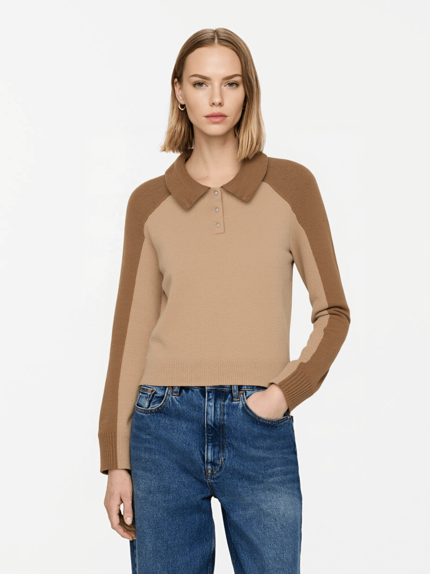 Brown Contrast-Color Polo Knit Sweater