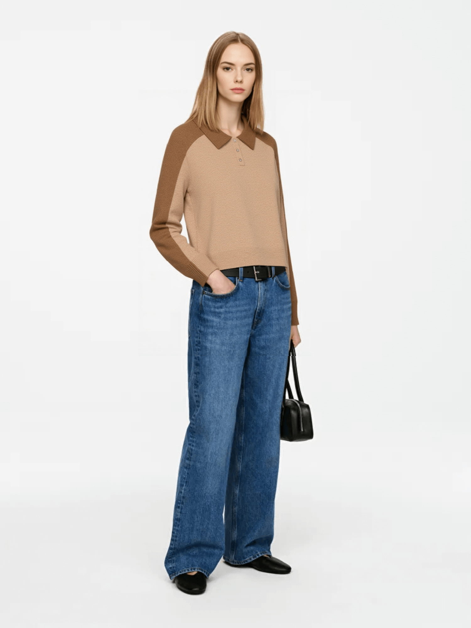 Brown Contrast-Color Polo Knit Sweater