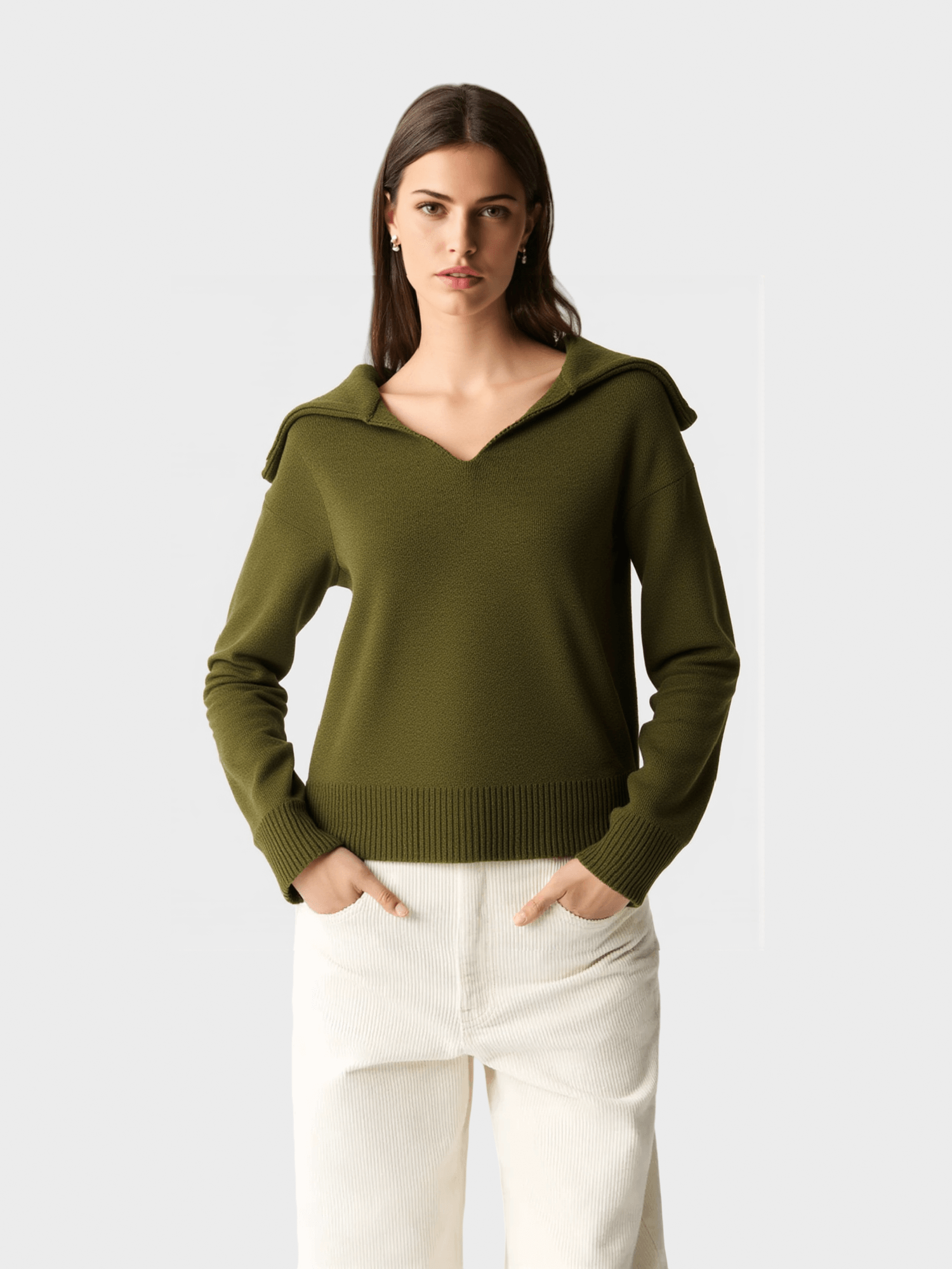 Olive Green V-neck Knit Sweater