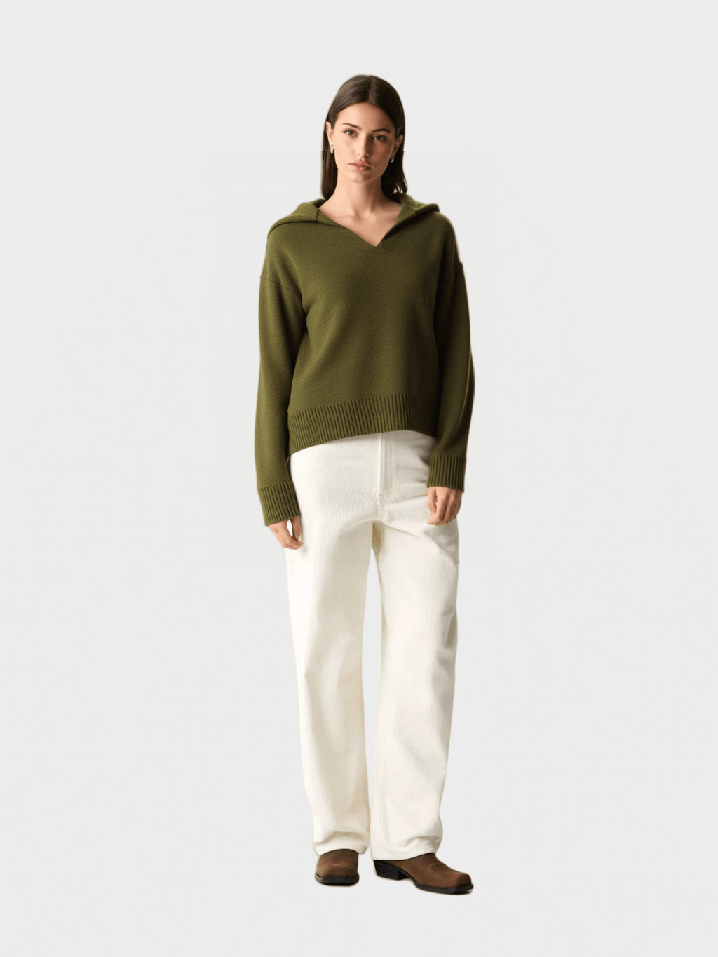 Olive Green V-neck Knit Sweater