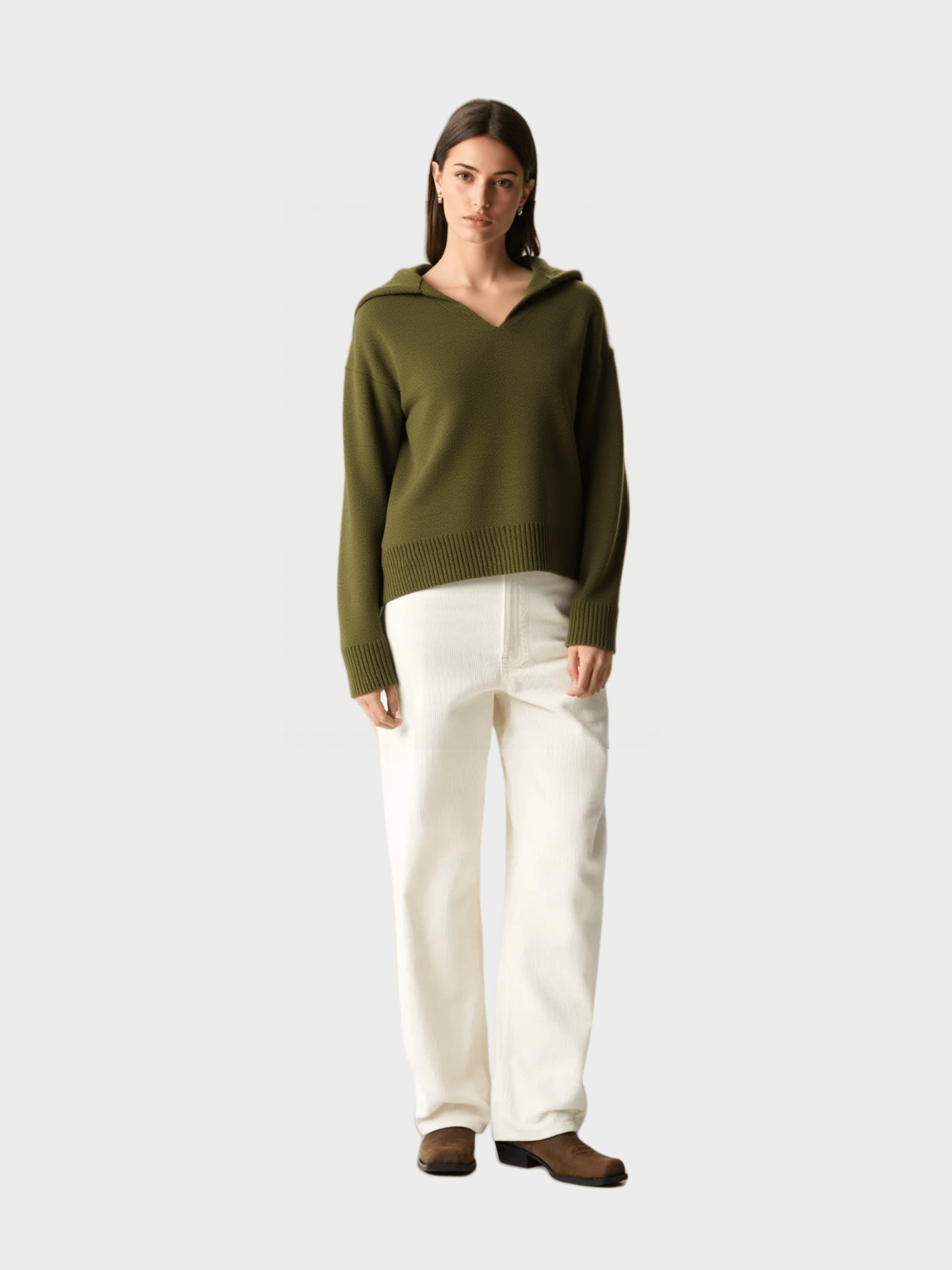 Olive Green V-neck Knit Sweater