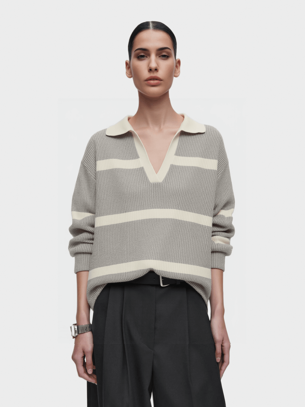 Grey and White Striped Polo Knit Sweater