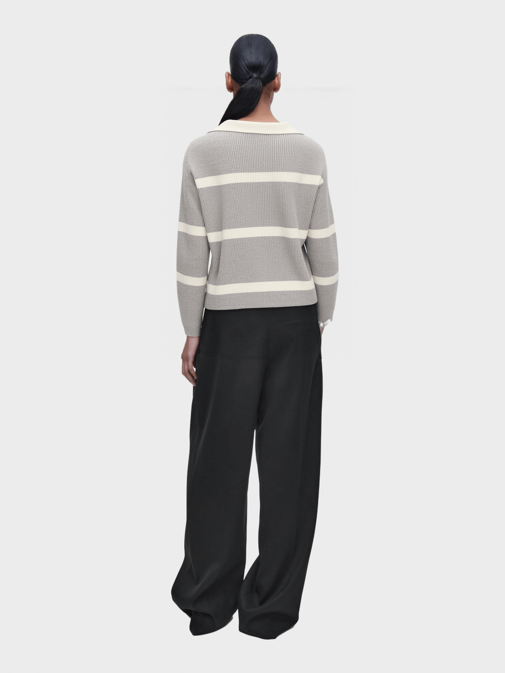 Grey and White Striped Polo Knit Sweater