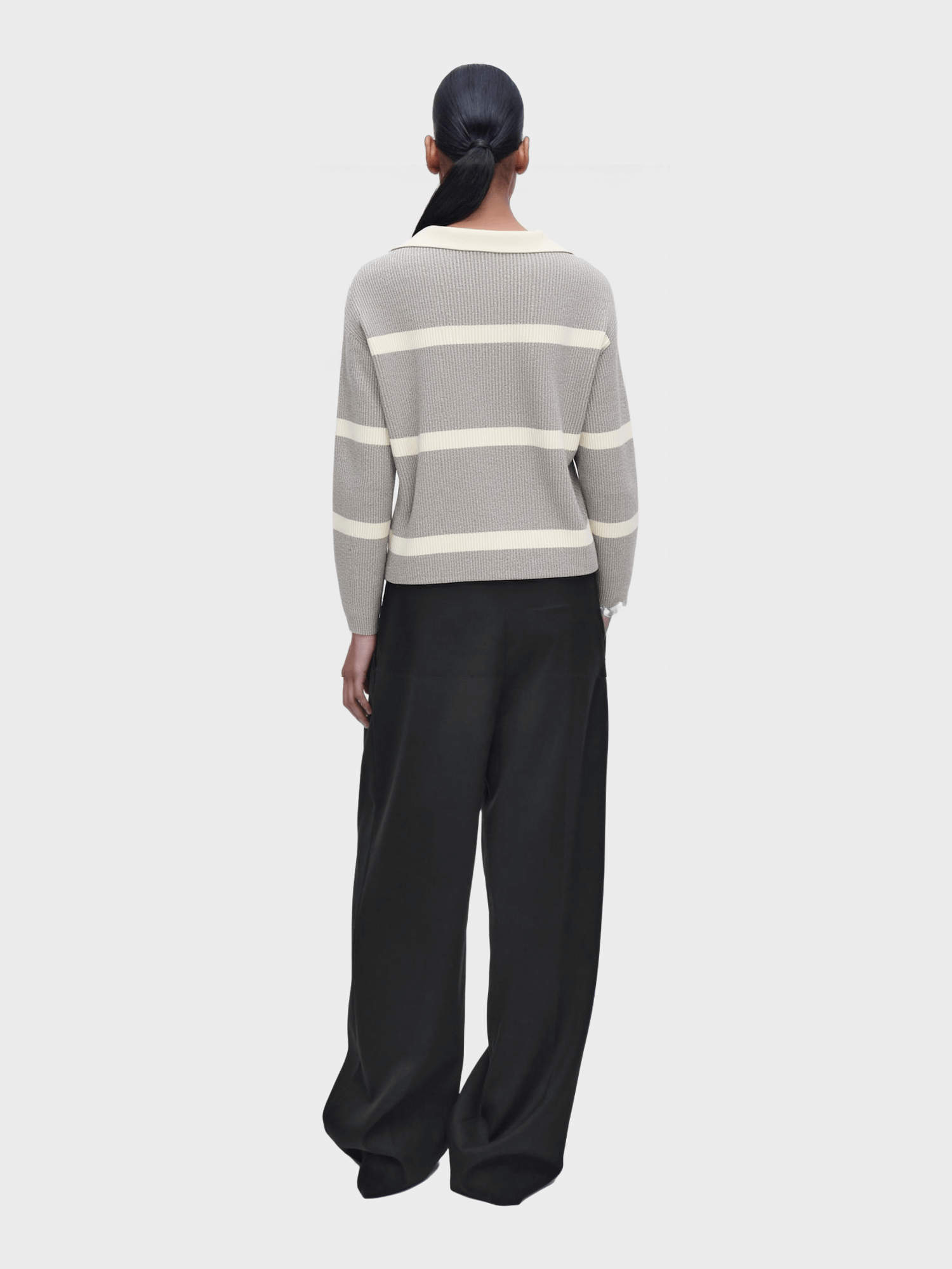Grey and White Striped Polo Knit Sweater