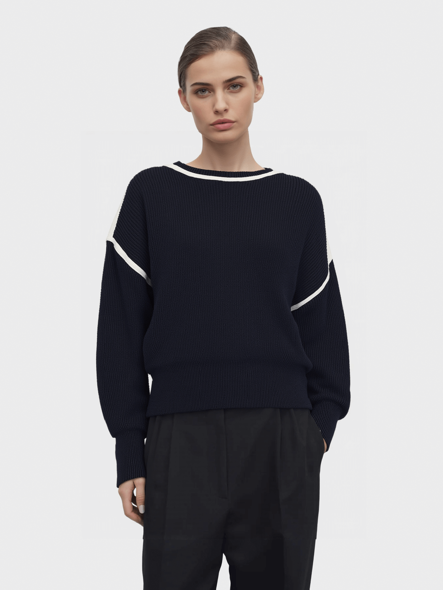 Navy Blue Contrast-Trim Knit Sweater