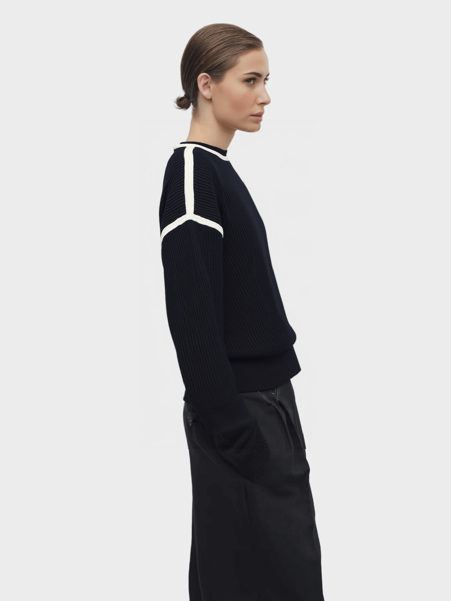 Navy Blue Contrast-Trim Knit Sweater