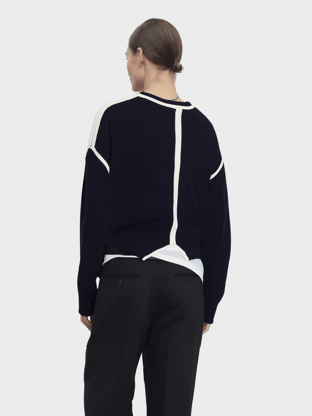 Navy Blue Contrast-Trim Knit Sweater
