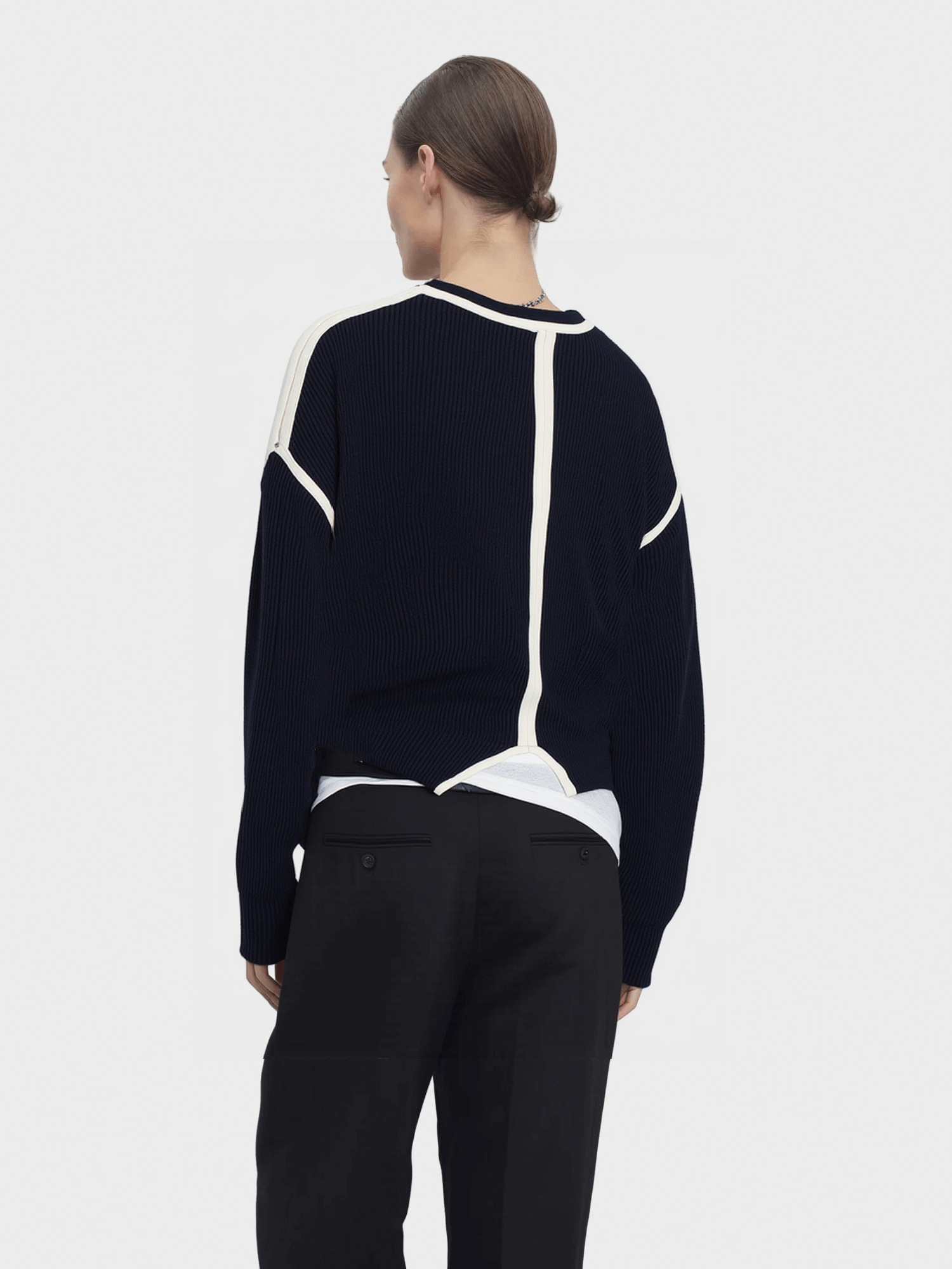 Navy Blue Contrast-Trim Knit Sweater