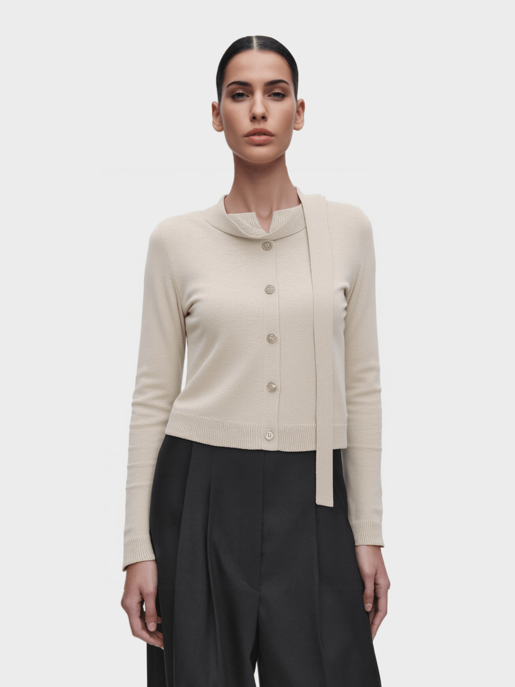 Beige Knit Cardigan with Scarf Detail