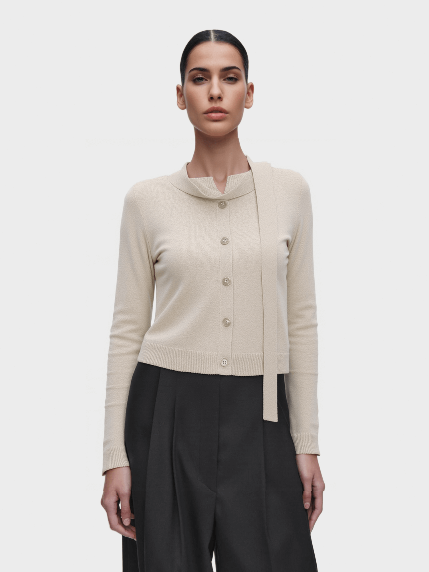 Beige Knit Cardigan with Scarf Detail