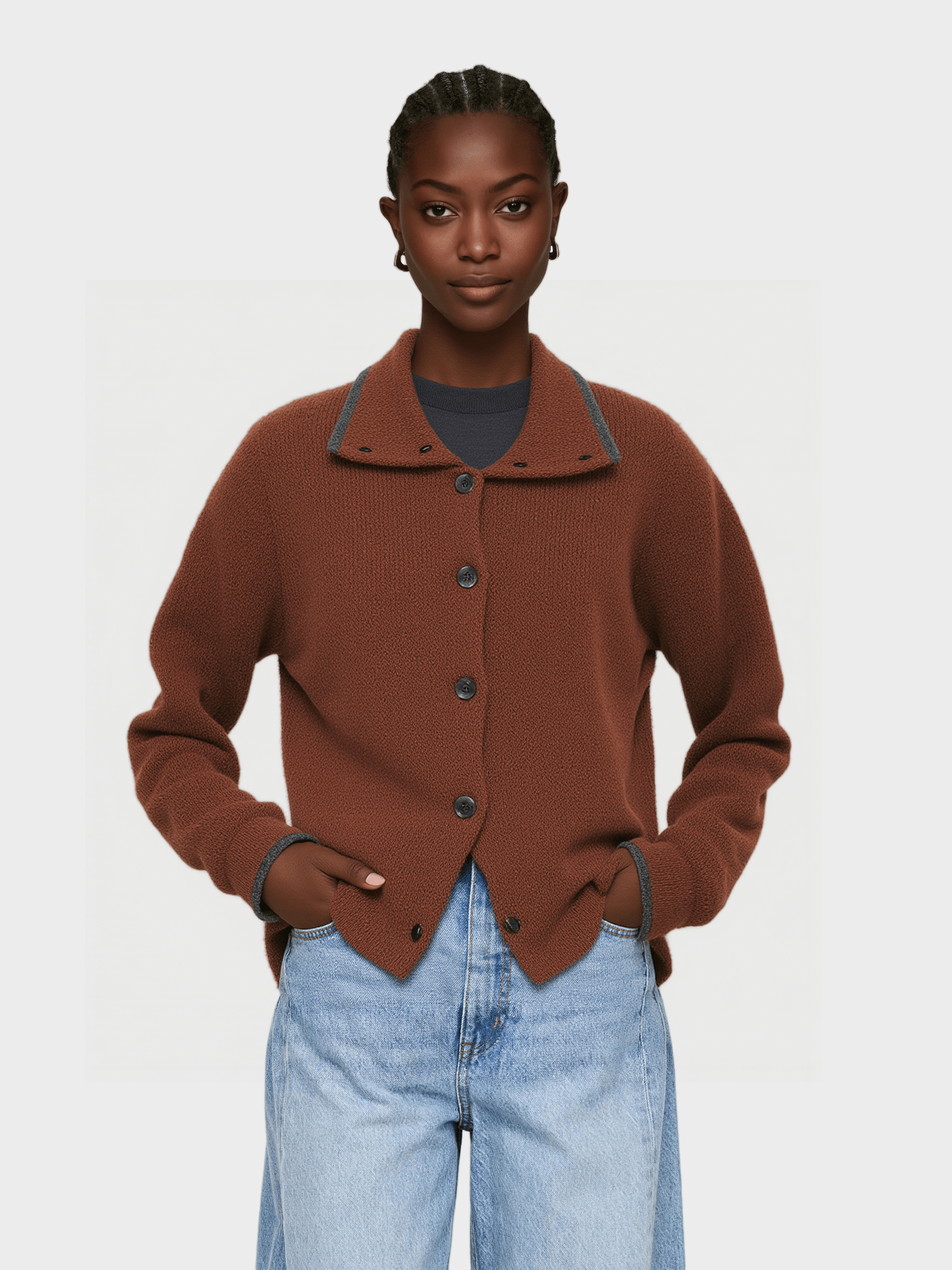 Brown Contrast-Trim Knit Cardigan