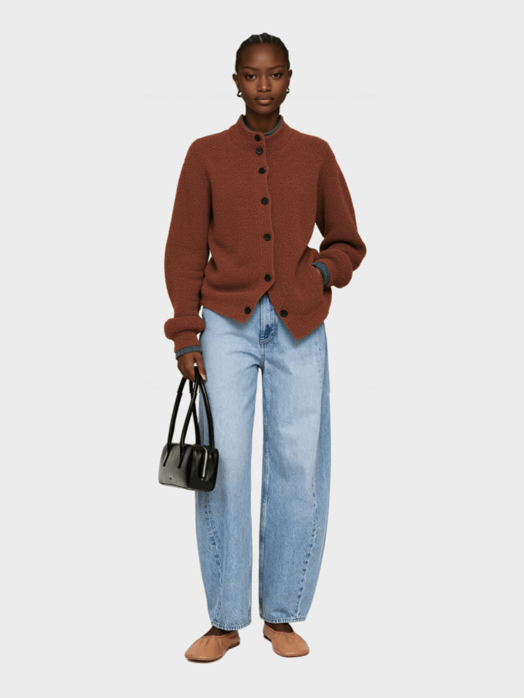 Brown Contrast-Trim Knit Cardigan