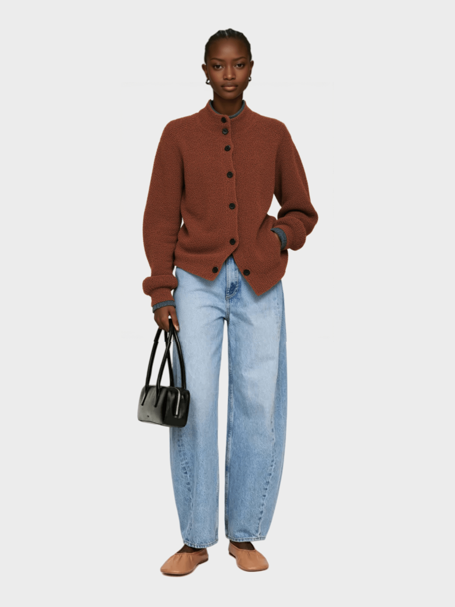 Brown Contrast-Trim Knit Cardigan