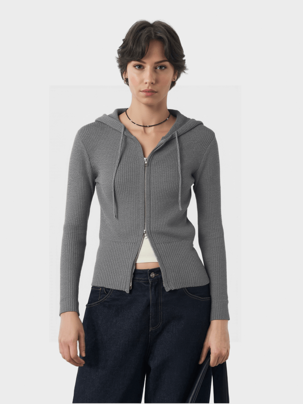 Gray Zip-Up Hooded Knit Cardigan
