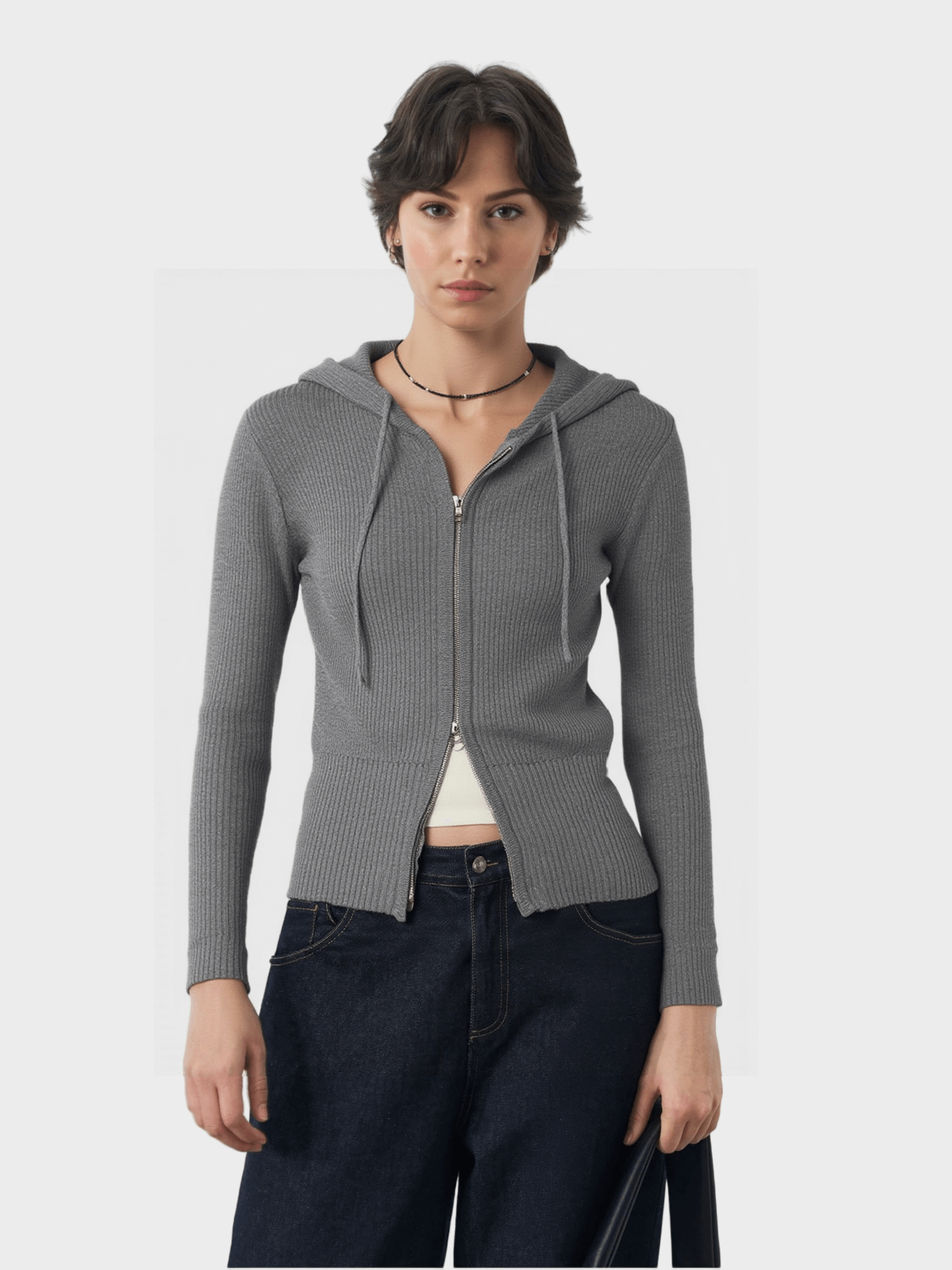 Gray Zip-Up Hooded Knit Cardigan