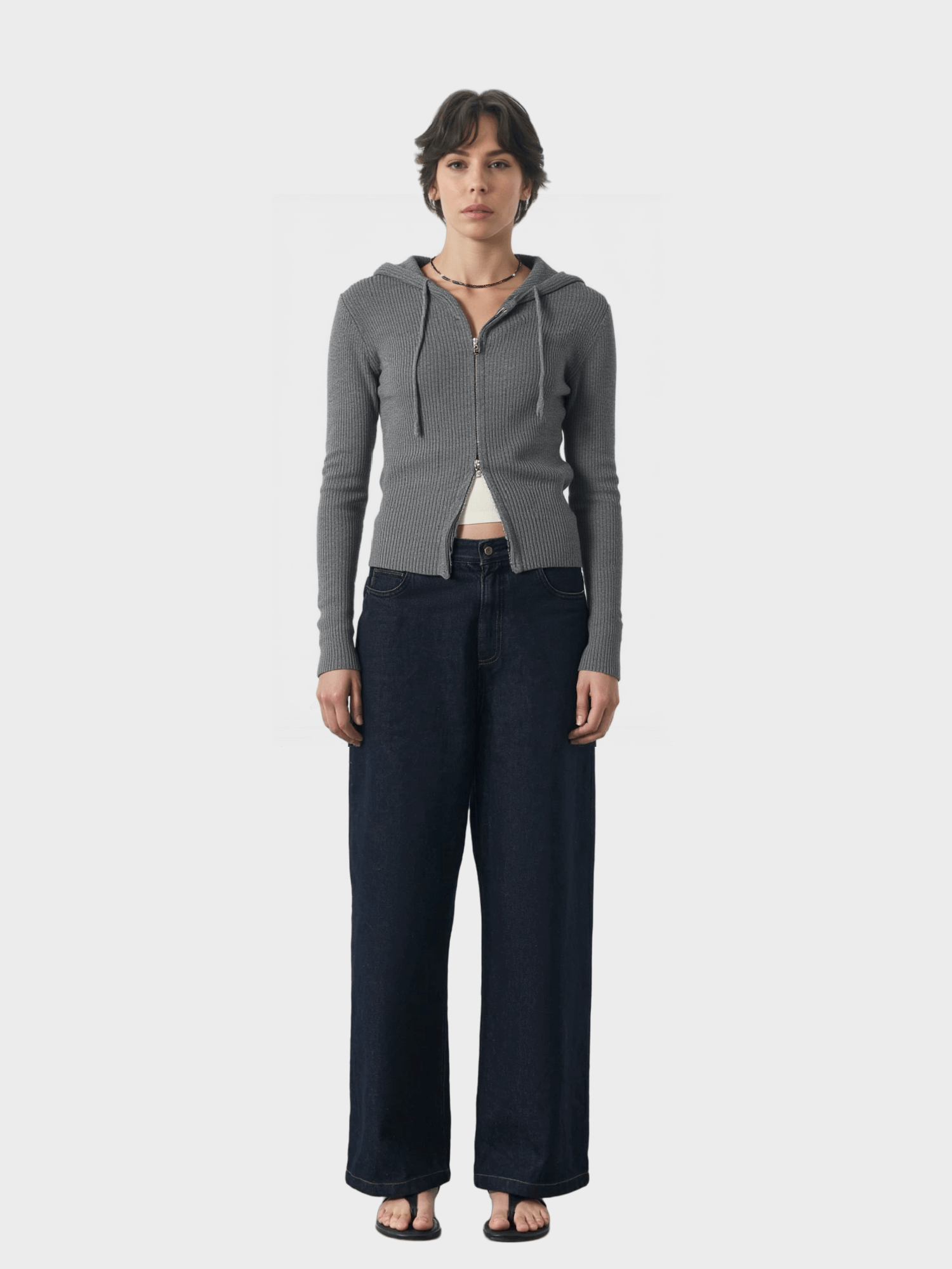 Gray Zip-Up Hooded Knit Cardigan