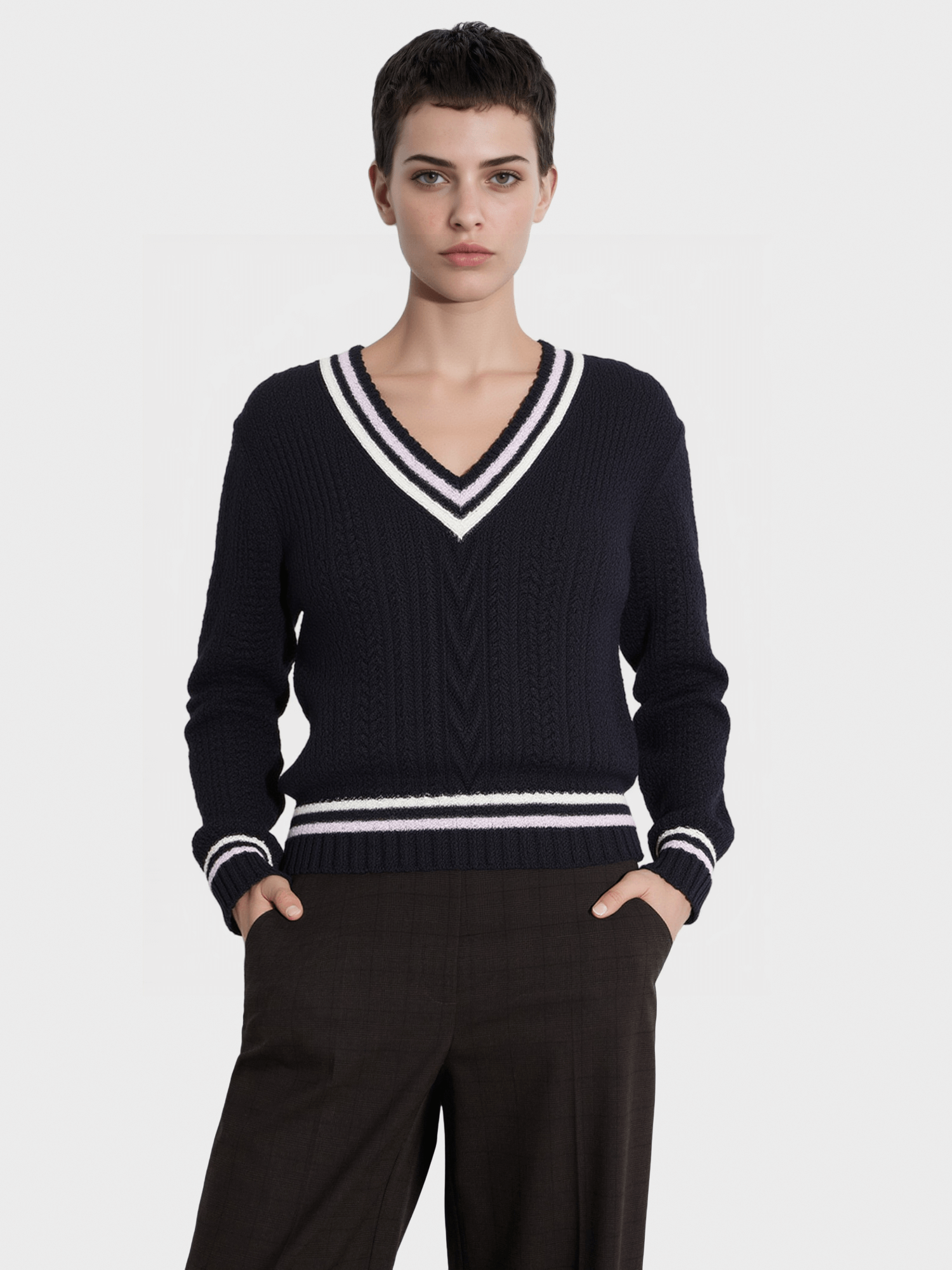 Navy Blue Contrast-Trim V-neck Knit Sweater