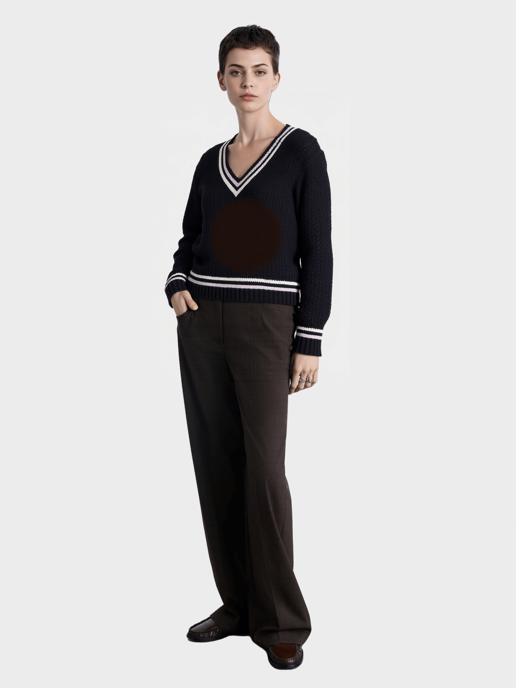 Navy Blue Contrast-Trim V-neck Knit Sweater