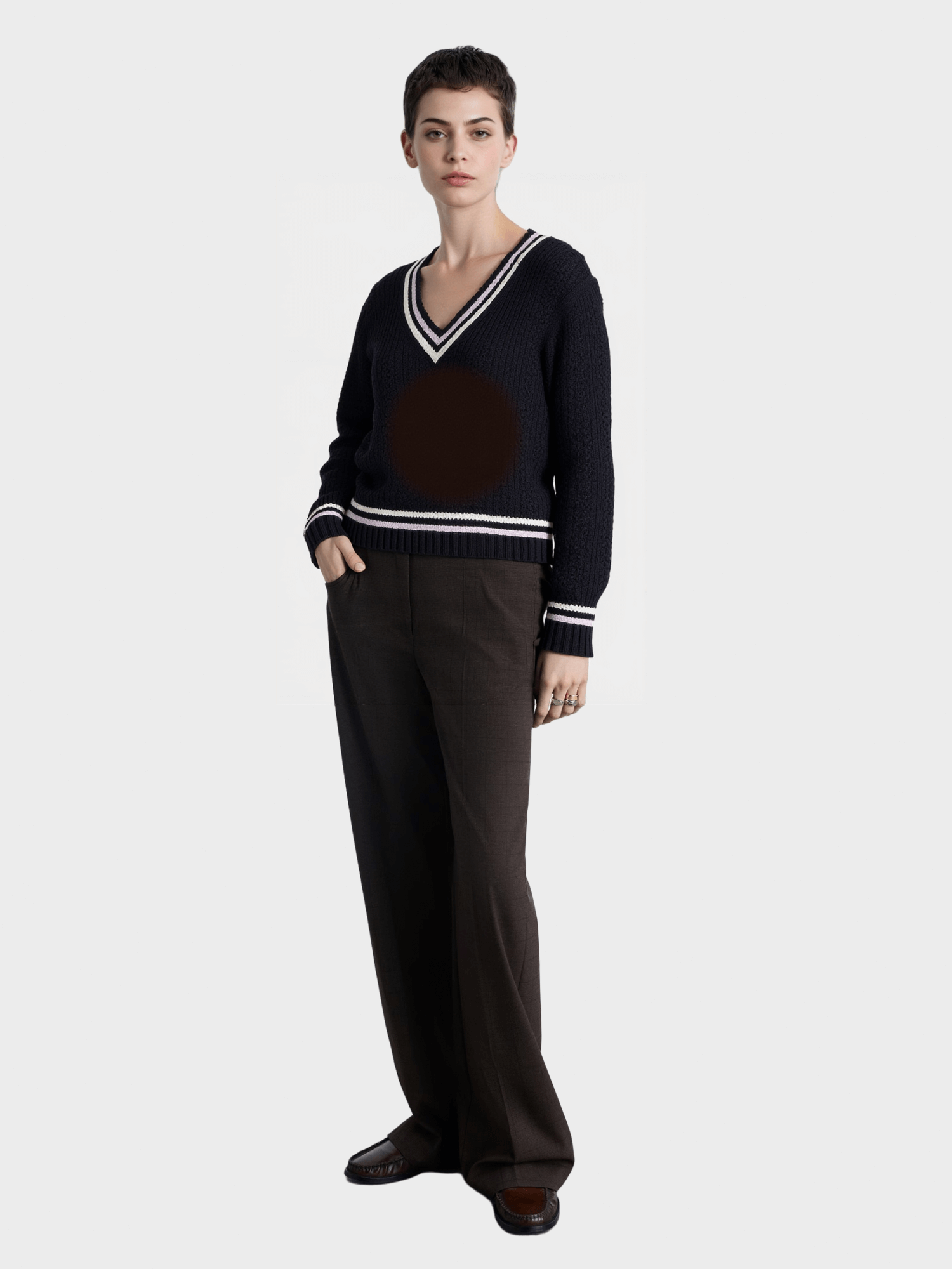 Navy Blue Contrast-Trim V-neck Knit Sweater