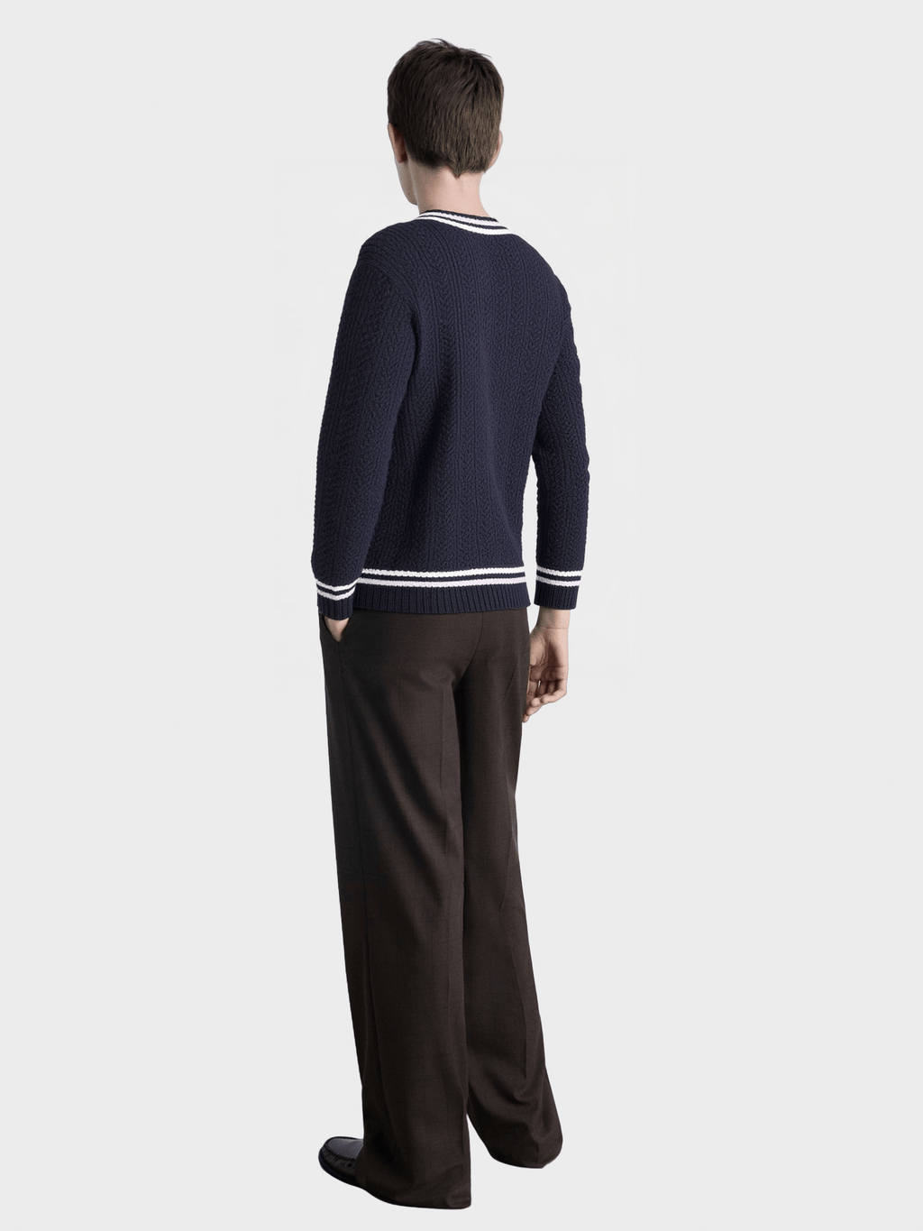 Navy Blue Contrast-Trim V-neck Knit Sweater