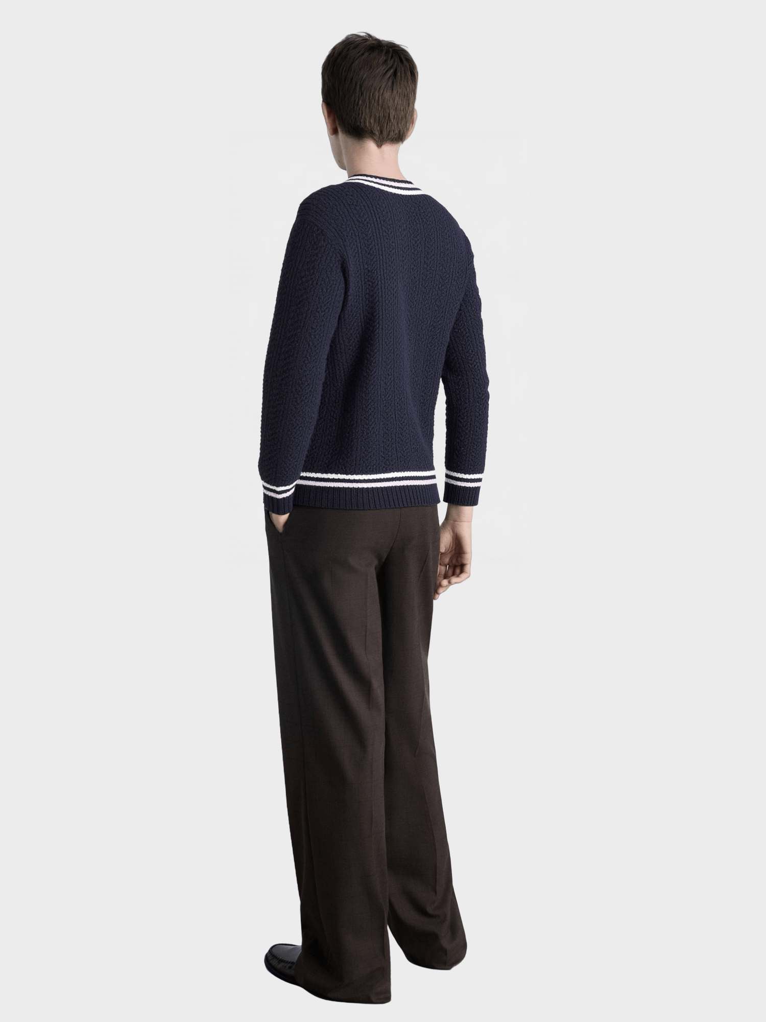 Navy Blue Contrast-Trim V-neck Knit Sweater
