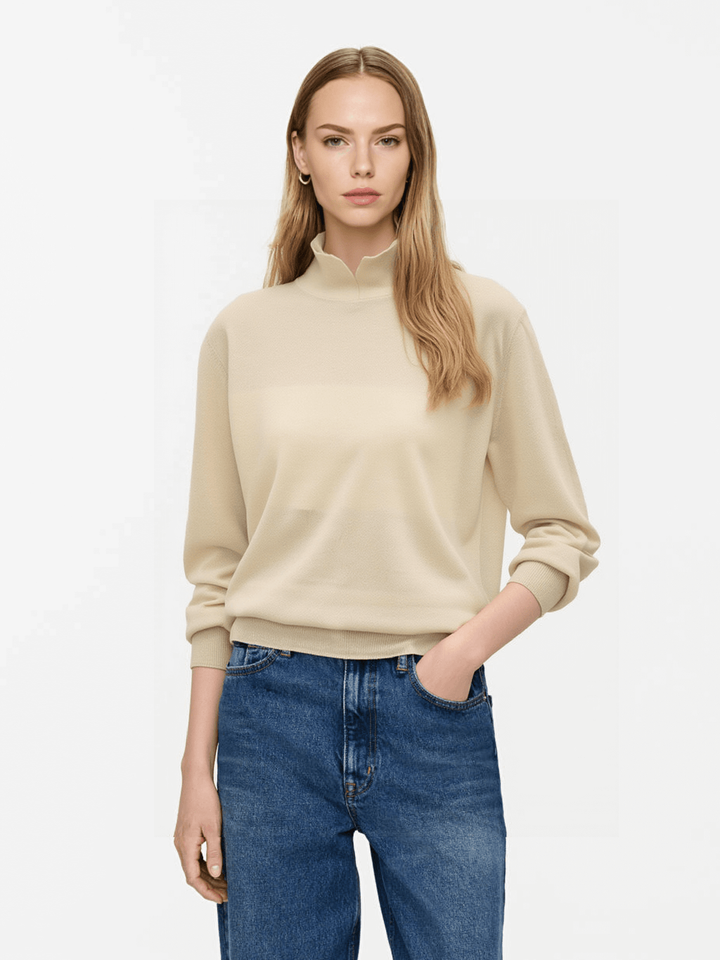 Beige Mock Neck Knit Sweater