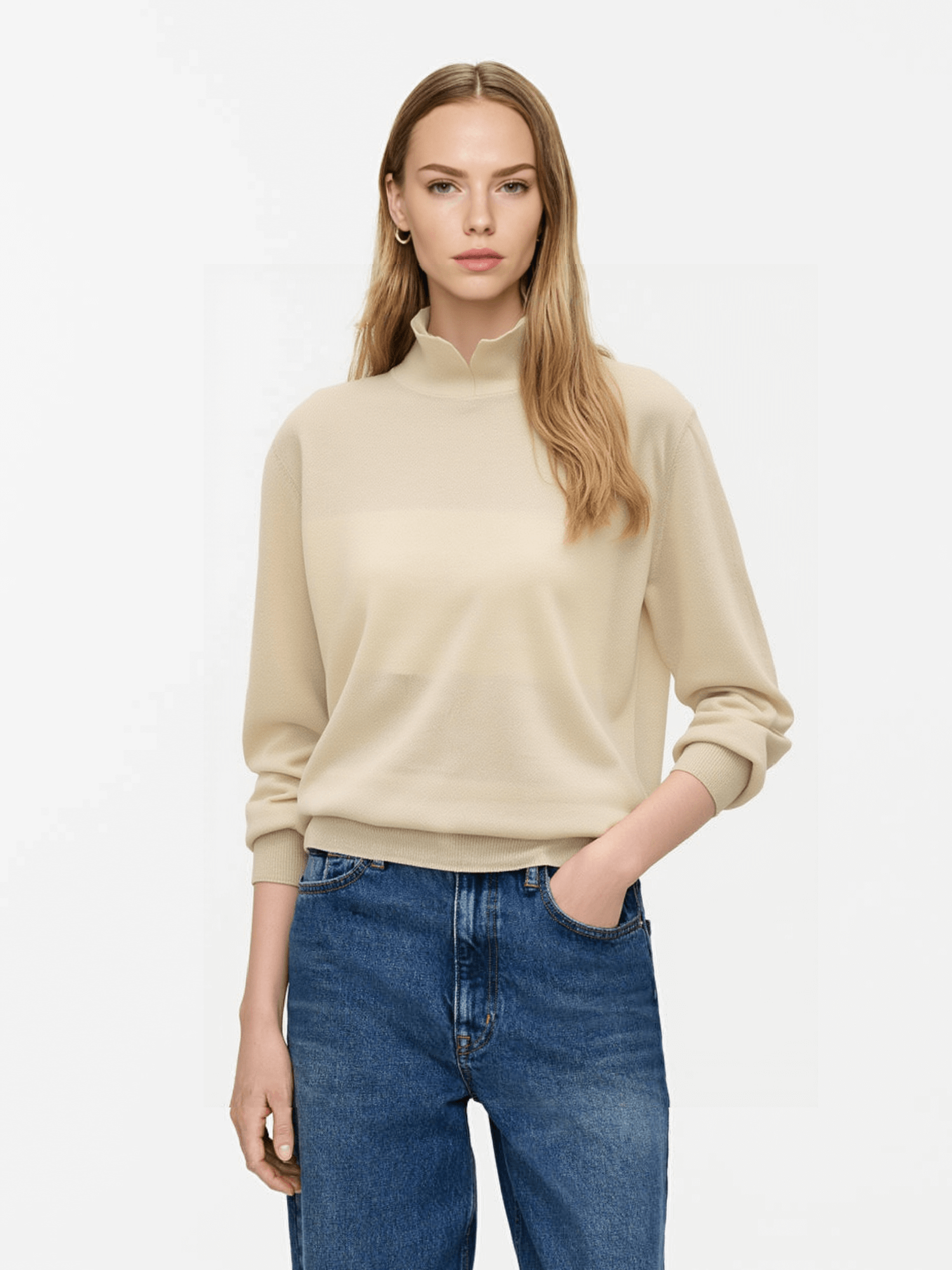 Beige Mock Neck Knit Sweater