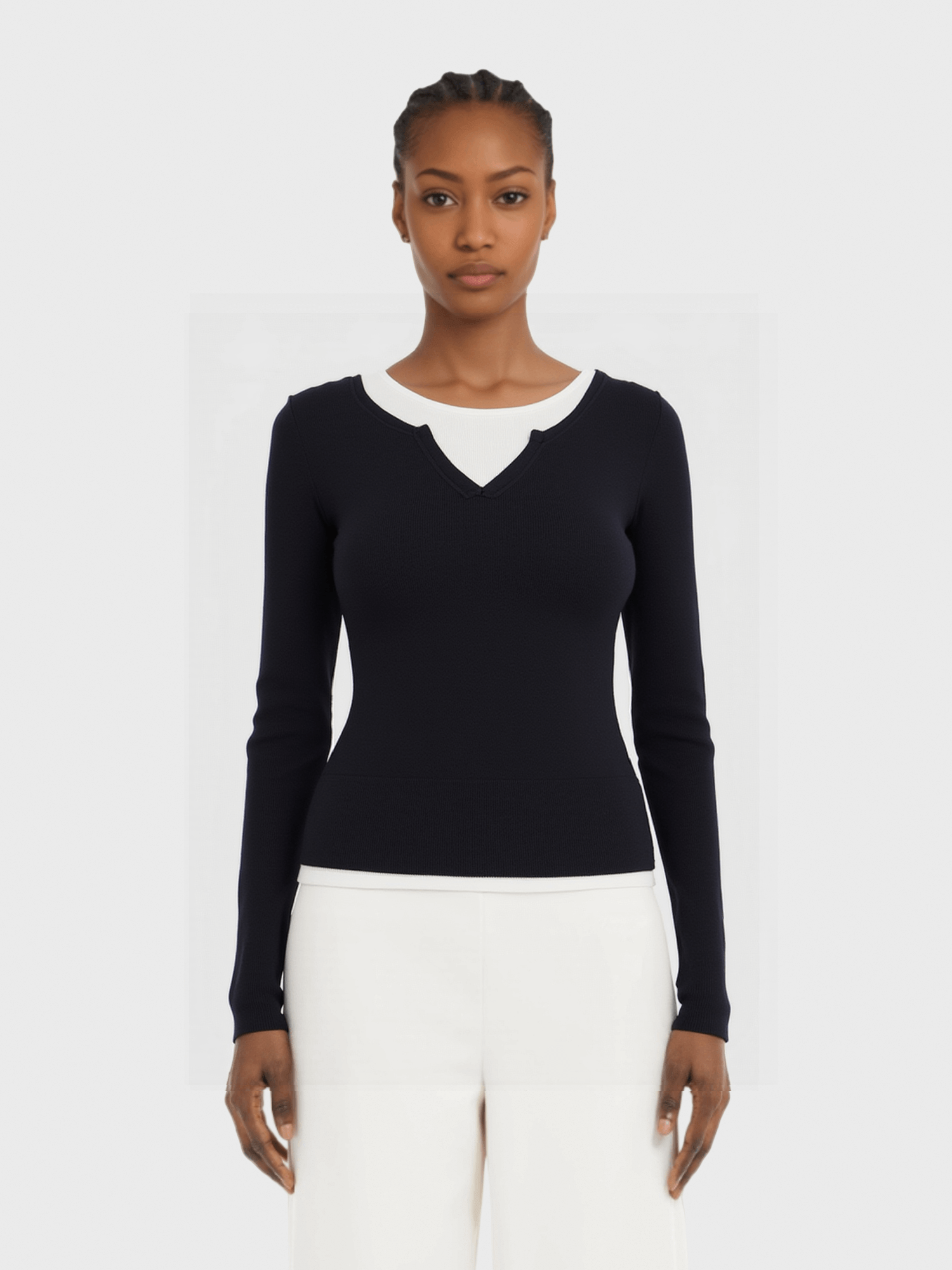 Navy Blue Contrast-Trim Knit Top