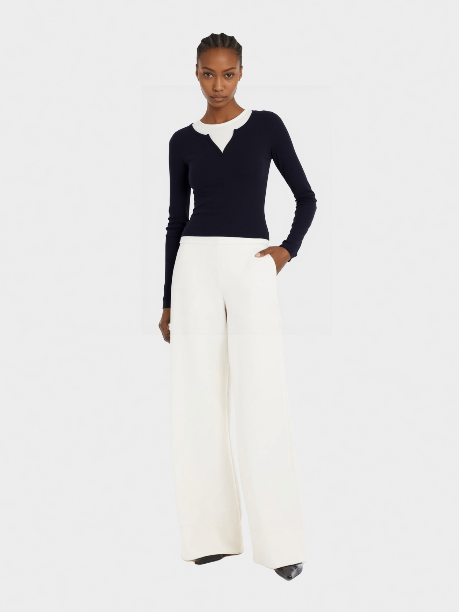 Navy Blue Contrast-Trim Knit Top
