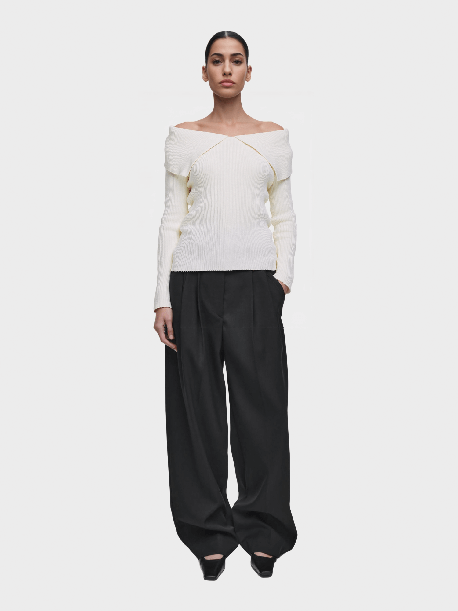 White Off-Shoulder Knit Sweater