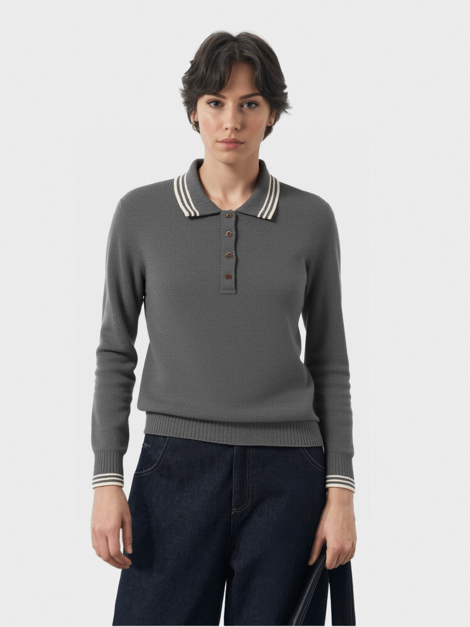 Gray Contrast-Trim Polo Knit Sweater