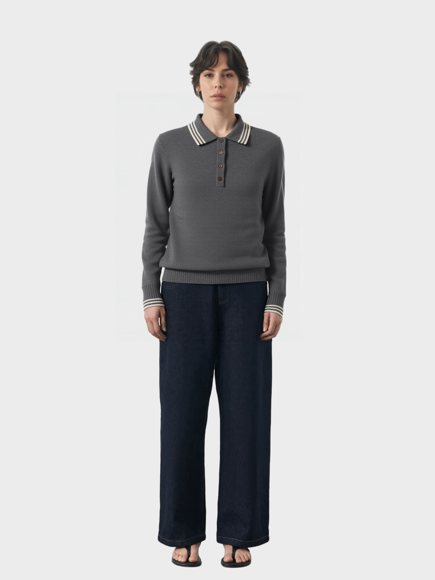 Gray Contrast-Trim Polo Knit Sweater