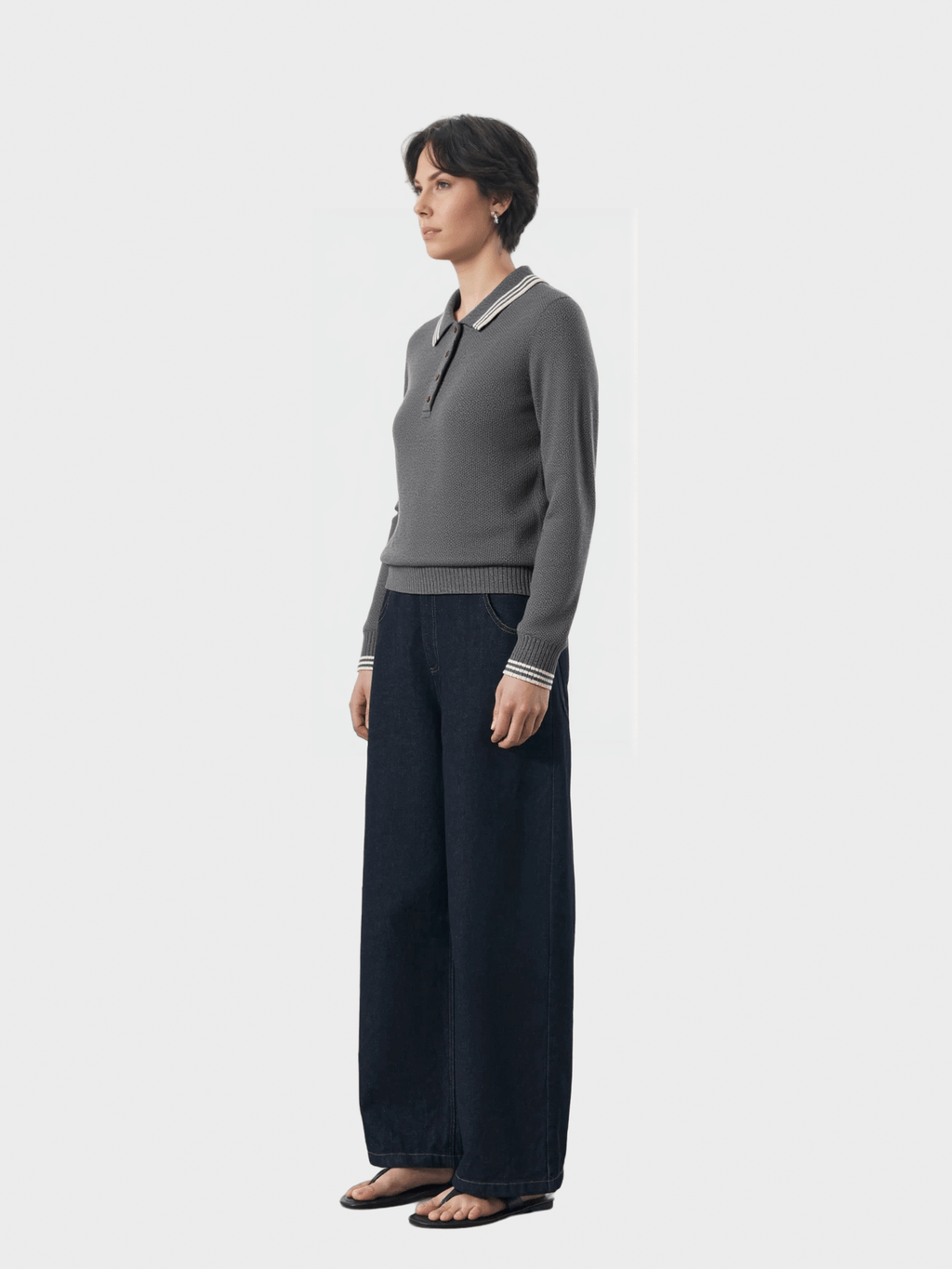 Gray Contrast-Trim Polo Knit Sweater