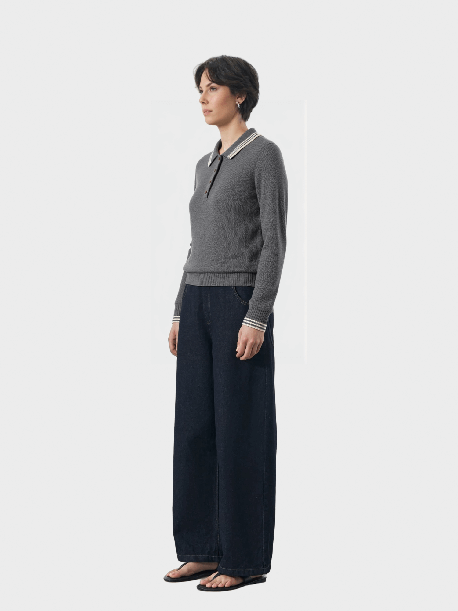 Gray Contrast-Trim Polo Knit Sweater