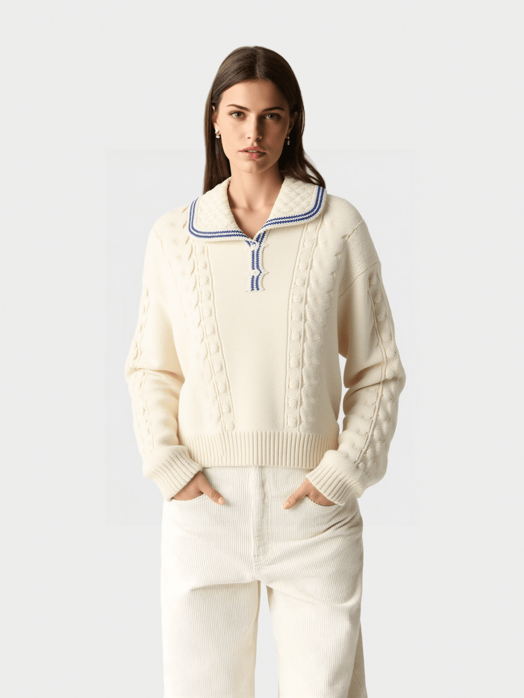 White Navy-Trimmed Knit Sweater