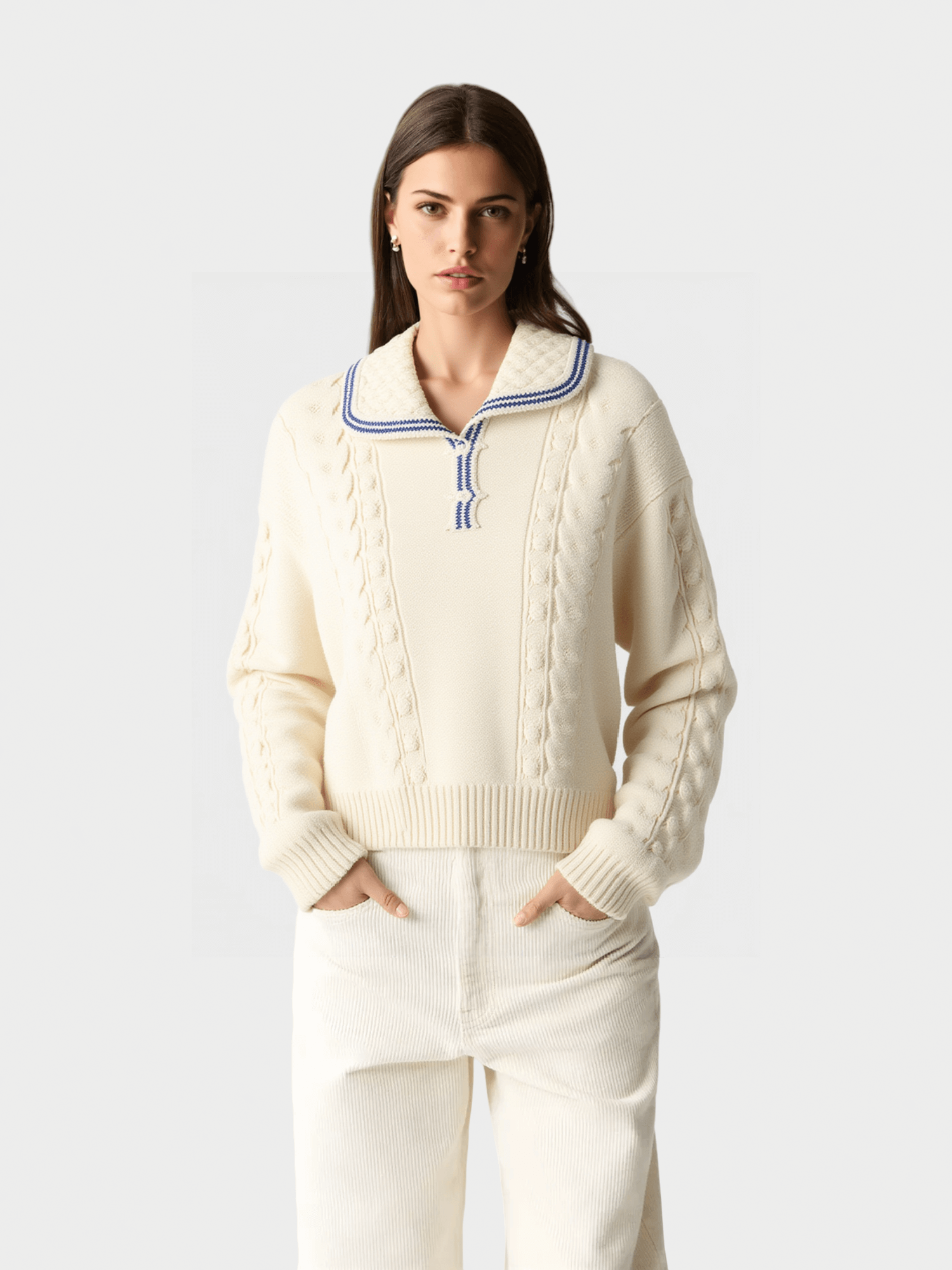 White Navy-Trimmed Knit Sweater