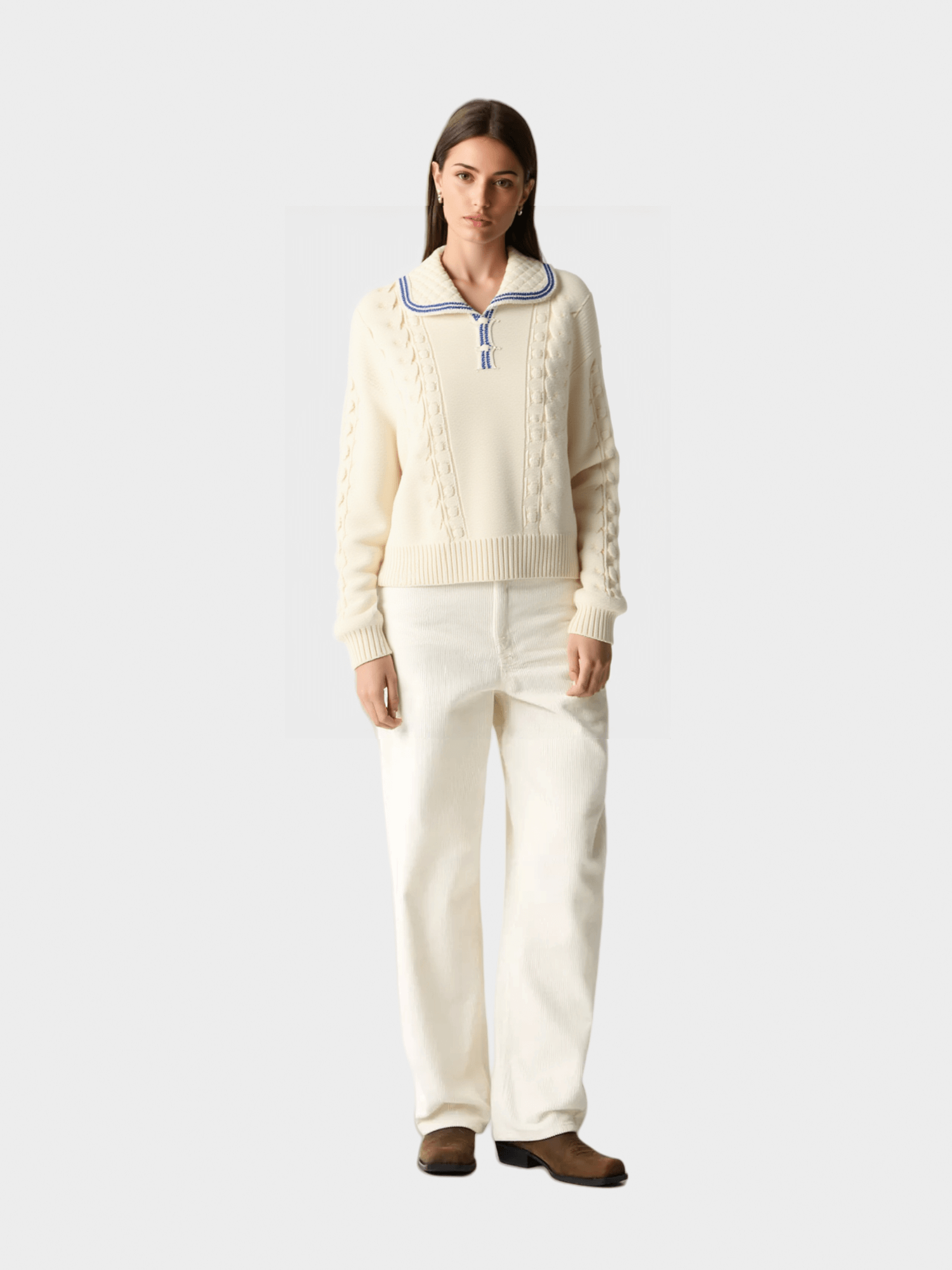 White Navy-Trimmed Knit Sweater