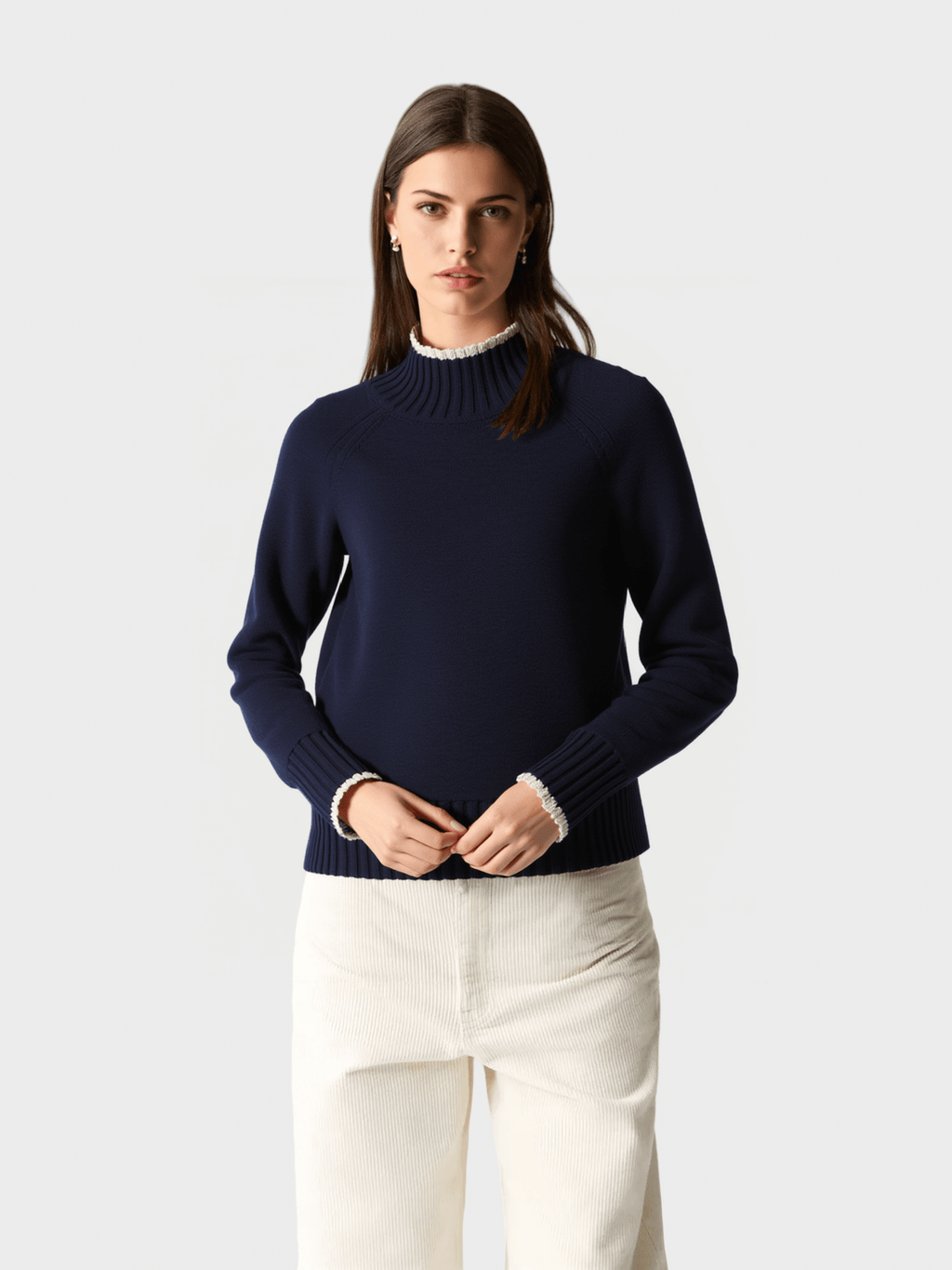 Navy Blue Ruffle-Trimmed Knit Sweater