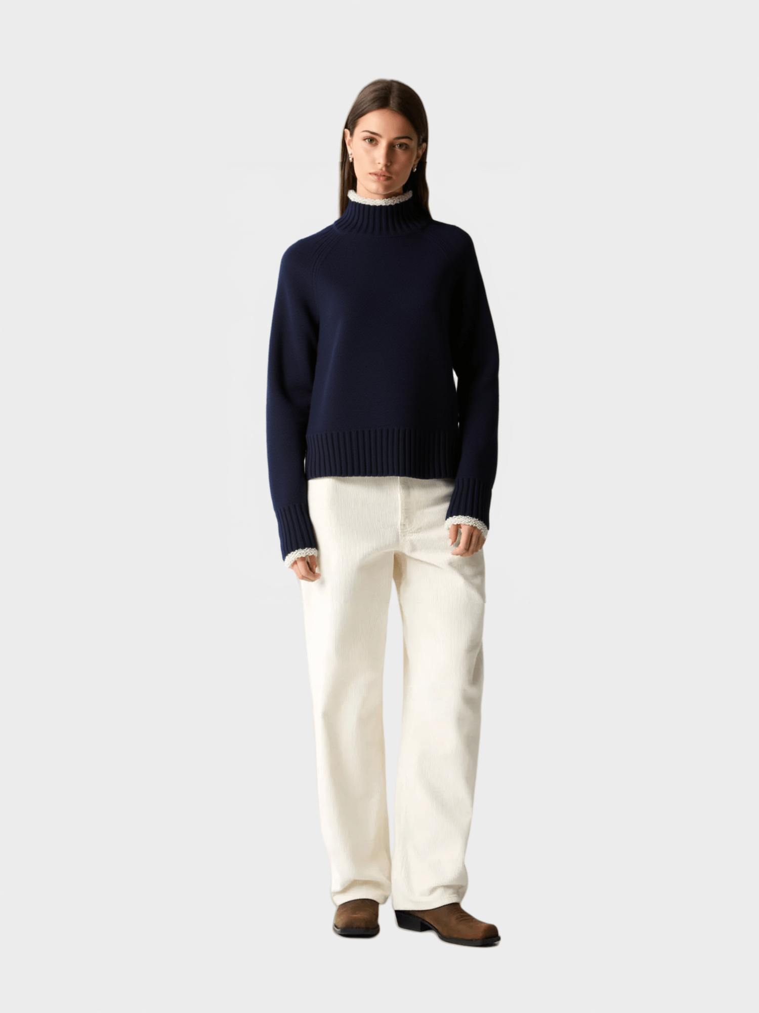 Navy Blue Ruffle-Trimmed Knit Sweater