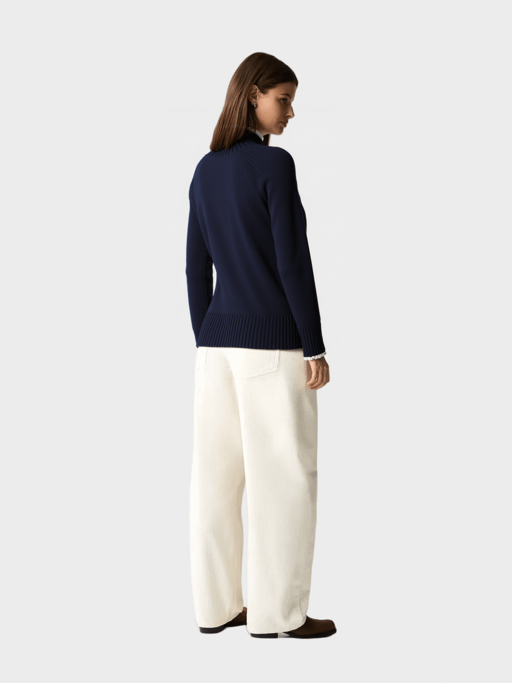 Navy Blue Ruffle-Trimmed Knit Sweater