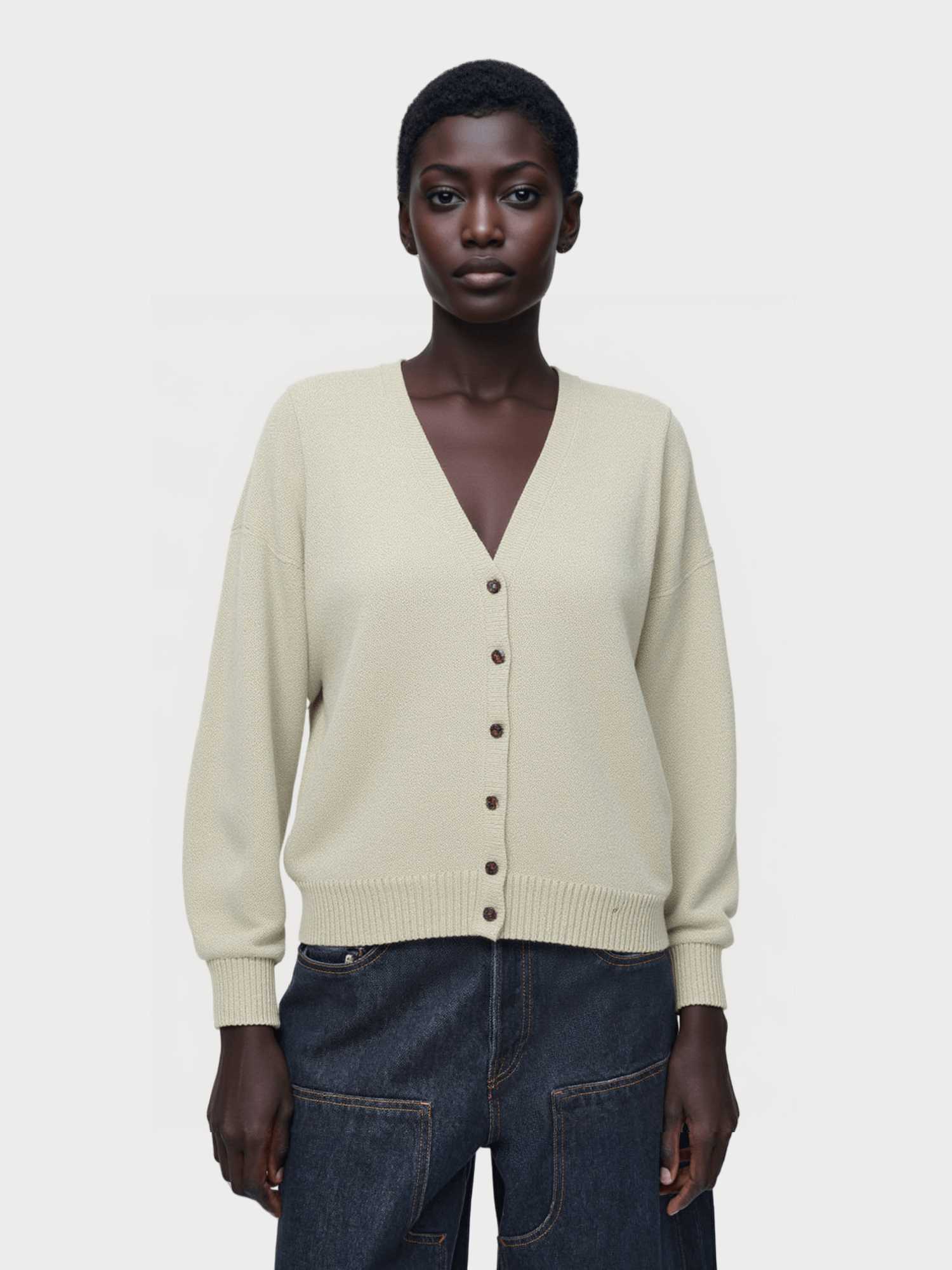 Beige V-neck Knit Cardigan