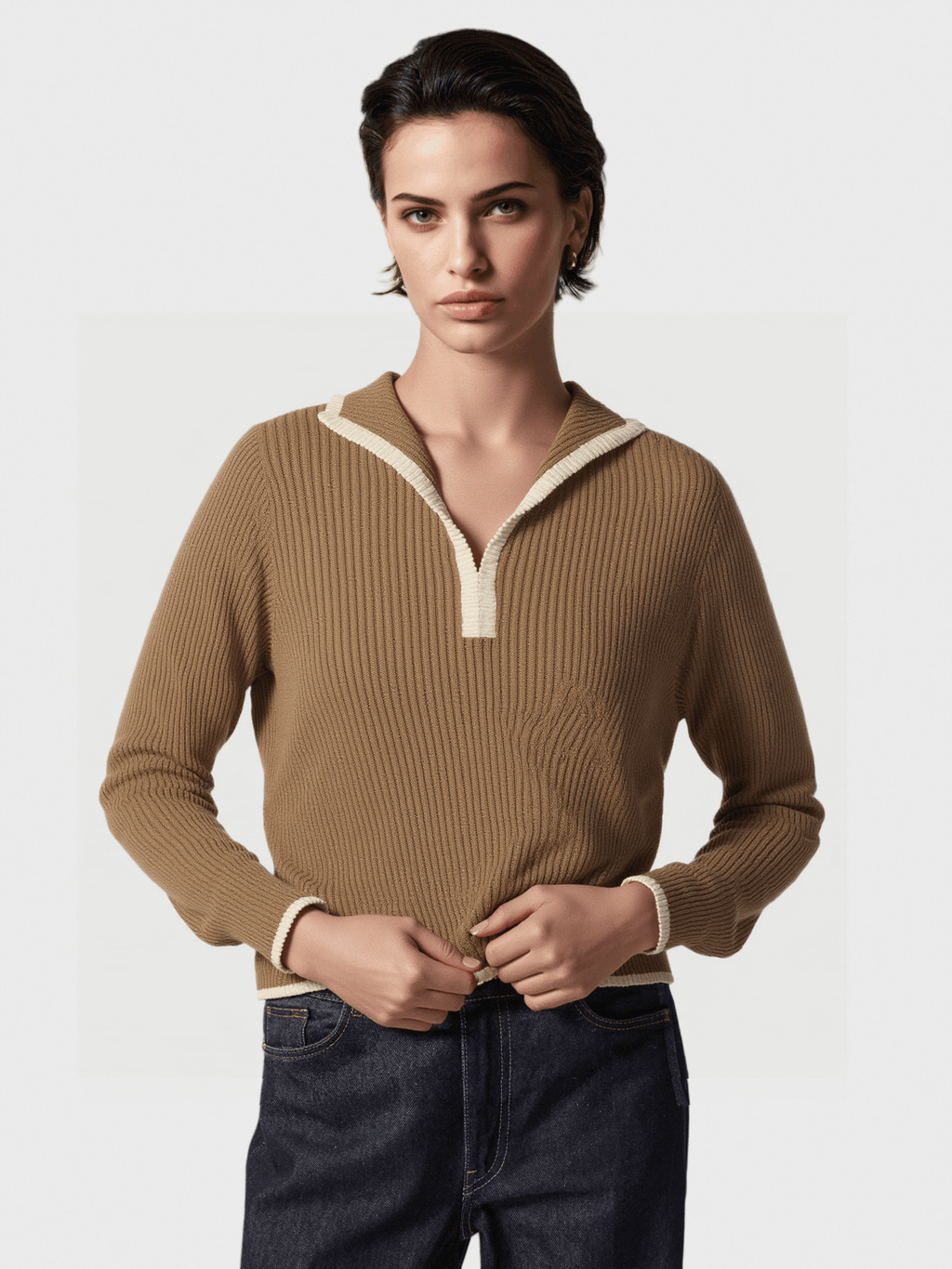 Brown Contrast-Trim Knit Sweater