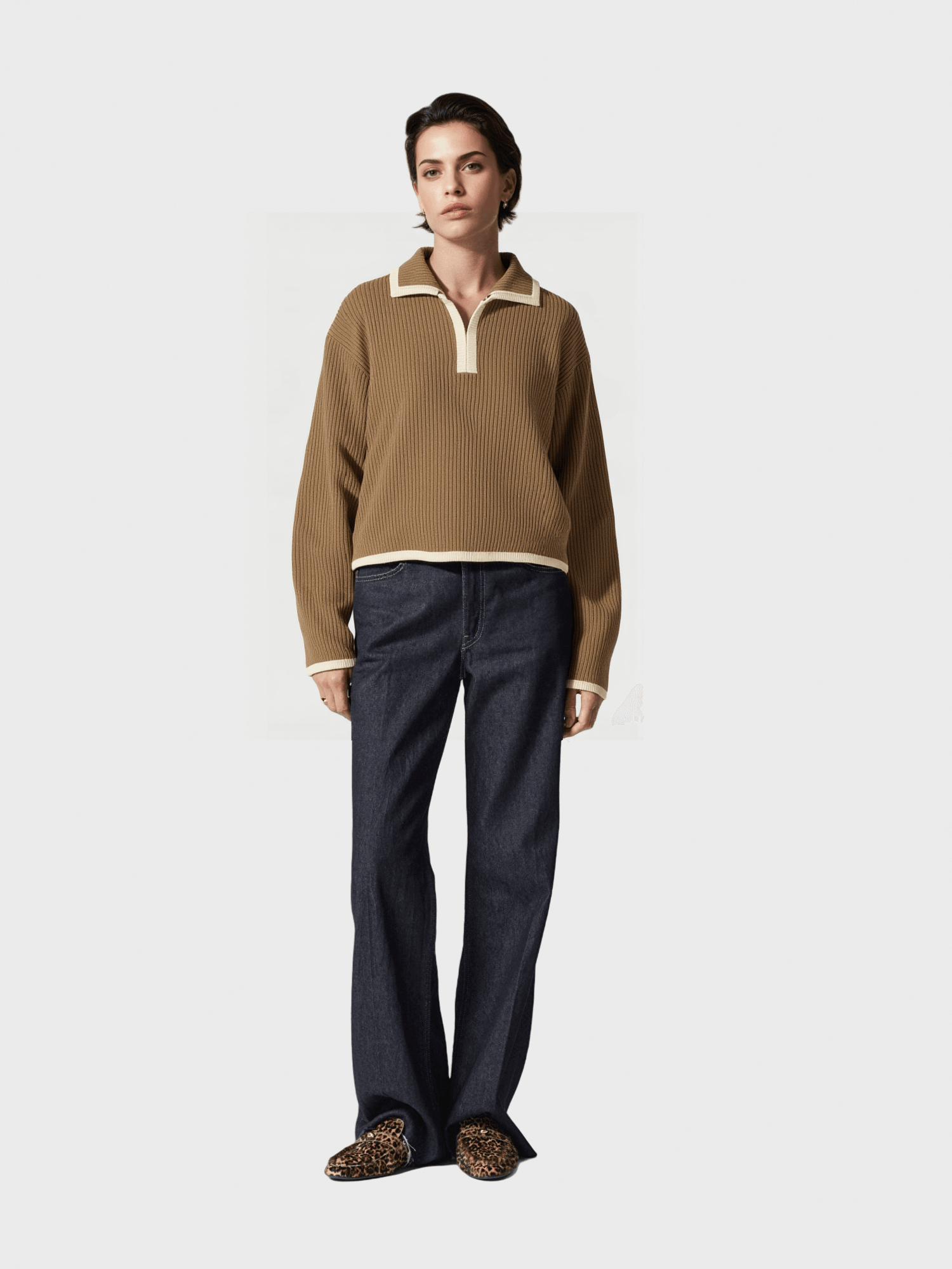 Brown Contrast-Trim Knit Sweater