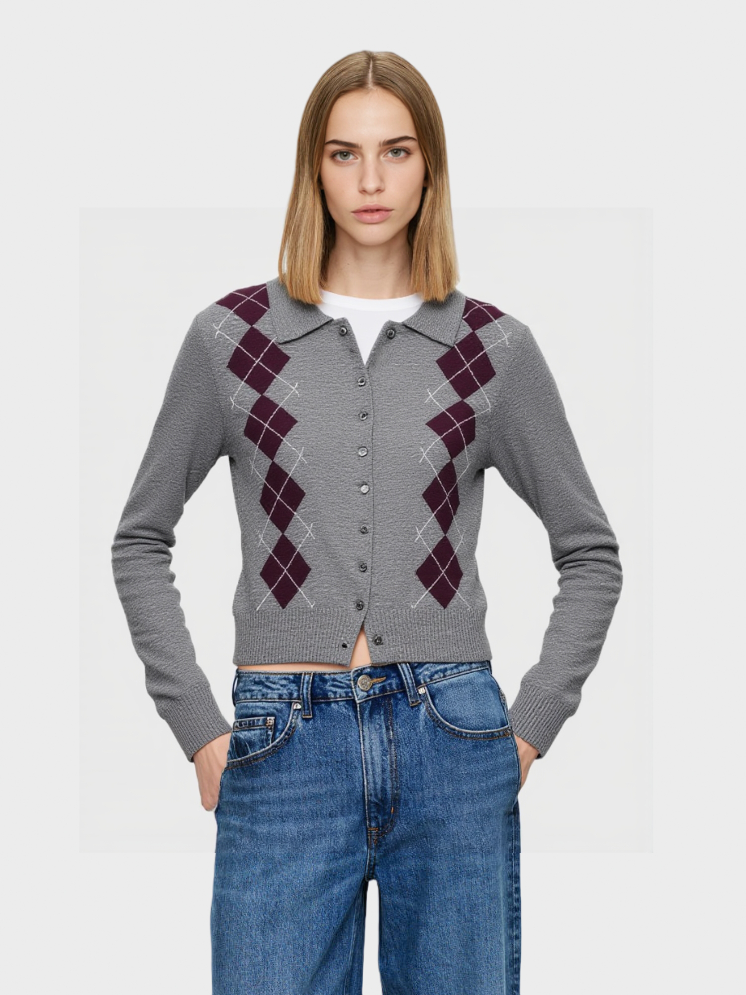 Grey Argyle - Pattern Knit Cardigan