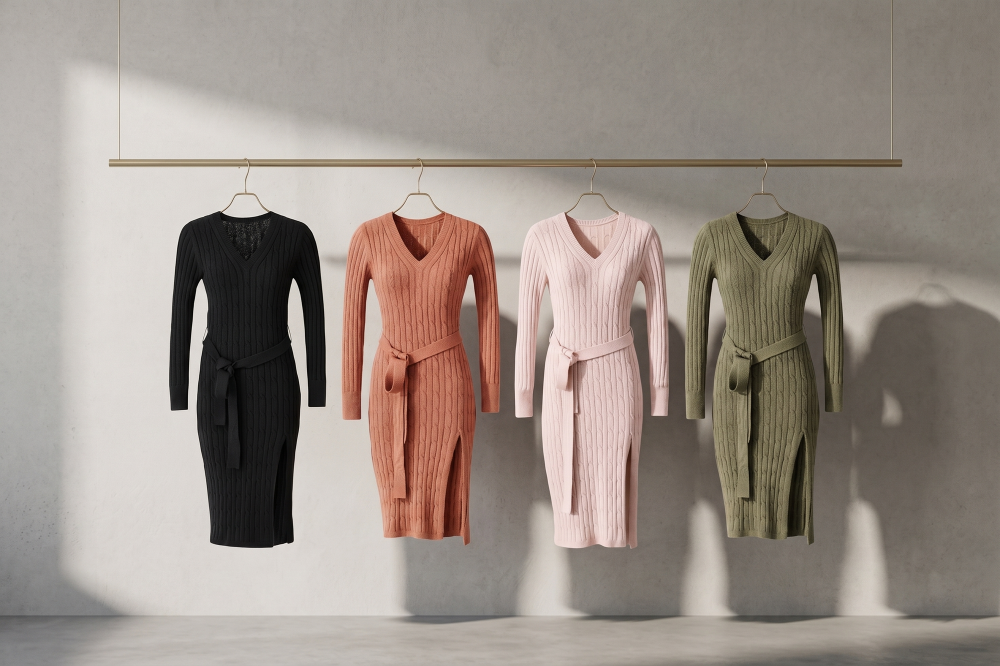 Women's V Neck Sweater Dress, Belted Knit Dress