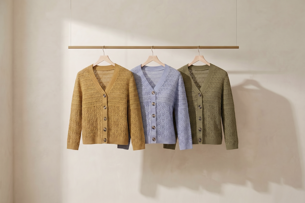 Women's Openwork Knit Cardigan, Three Quarter Sleeve Button Sweater